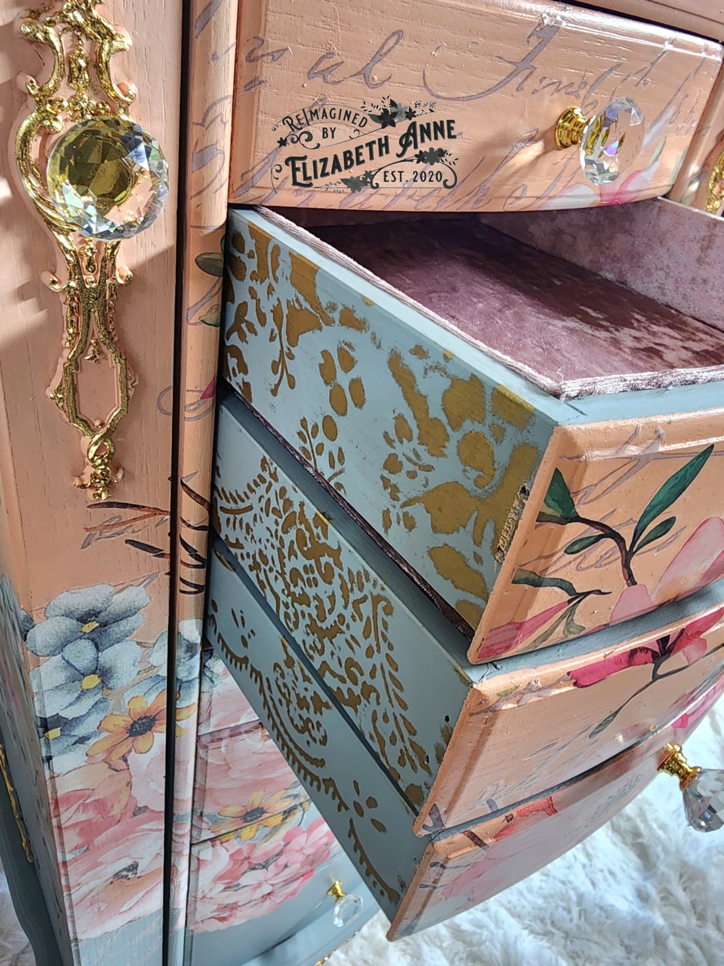 Fairytale Jewelry Armoire | Pink, Apricot, Light Blue, Gray-Blue & Gold Details