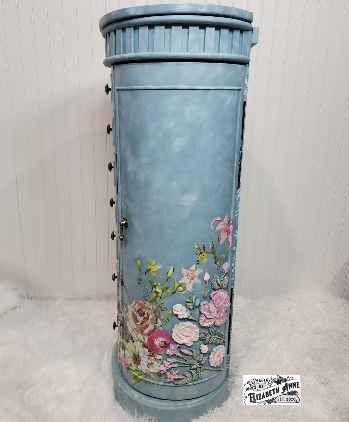 Custom Order for Jewelry Armoire in Farmhouse Blue, Florals, Lace with Velvet Lining