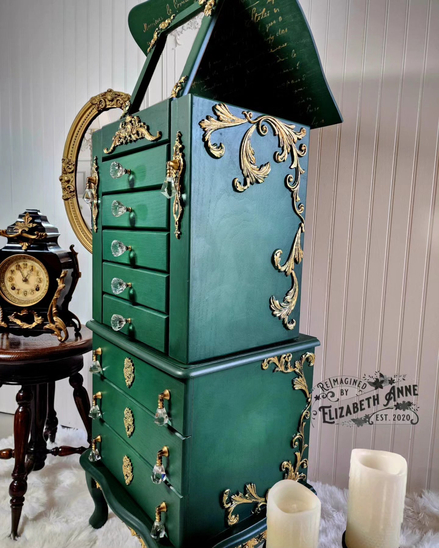 Vintage Emerald GREEN & GOLD Jewelry Armoire