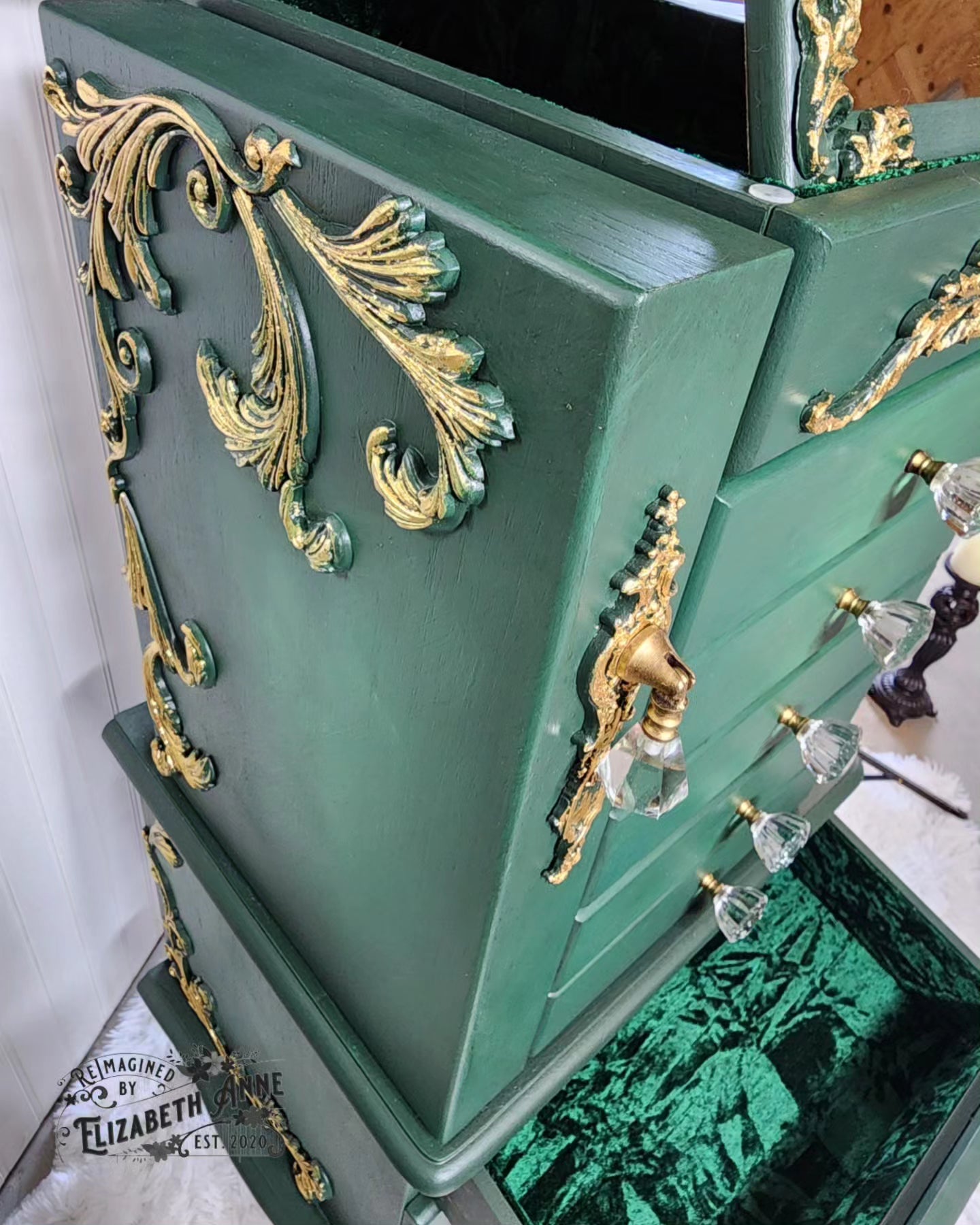 Vintage Emerald GREEN & GOLD Jewelry Armoire