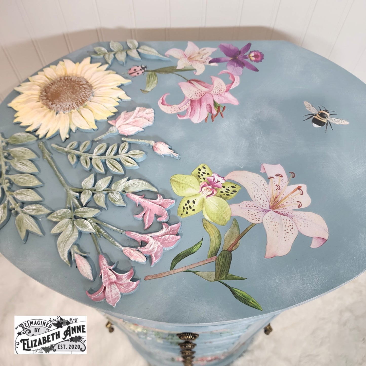 Custom Order for Jewelry Armoire in Farmhouse Blue, Florals, Lace with Velvet Lining