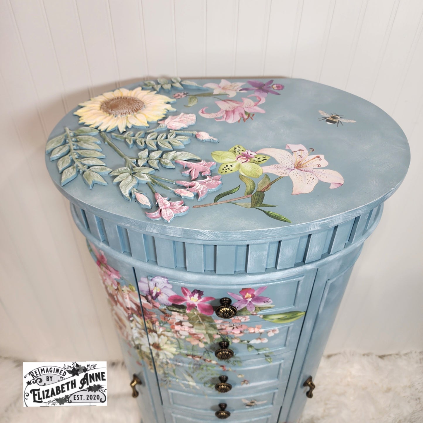 Custom Order for Jewelry Armoire in Farmhouse Blue, Florals, Lace with Velvet Lining