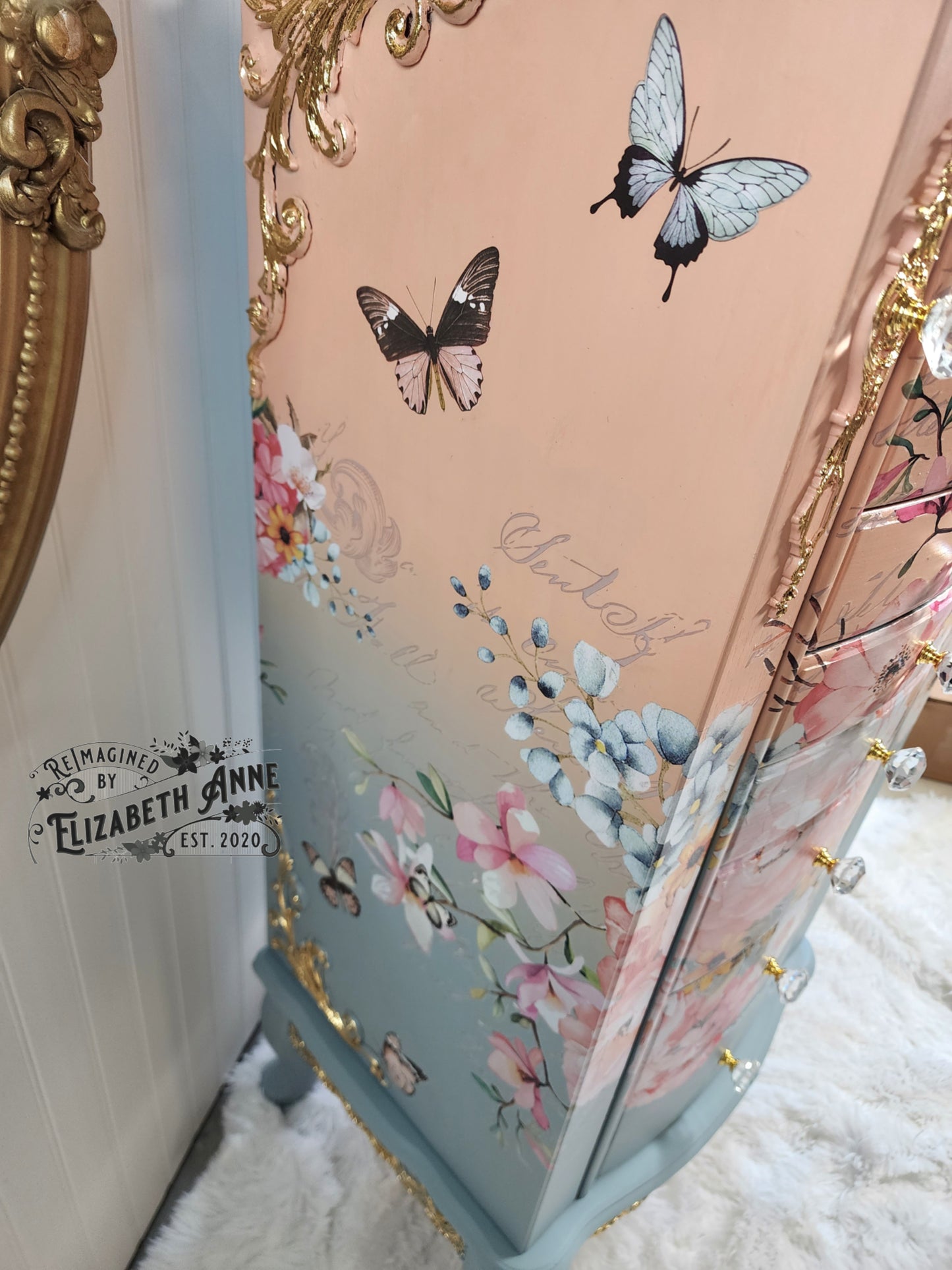 Fairytale Jewelry Armoire | Pink, Apricot, Light Blue, Gray-Blue & Gold Details