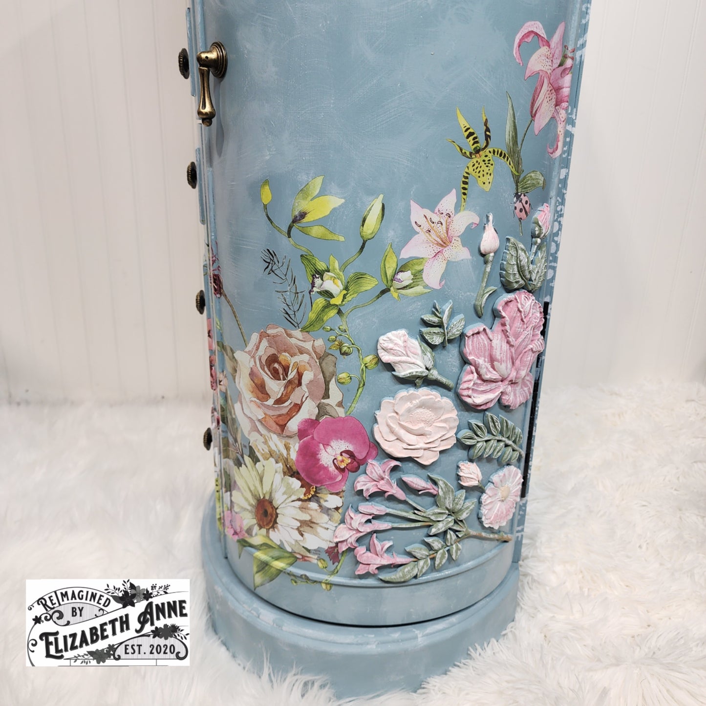 Custom Order for Jewelry Armoire in Farmhouse Blue, Florals, Lace with Velvet Lining