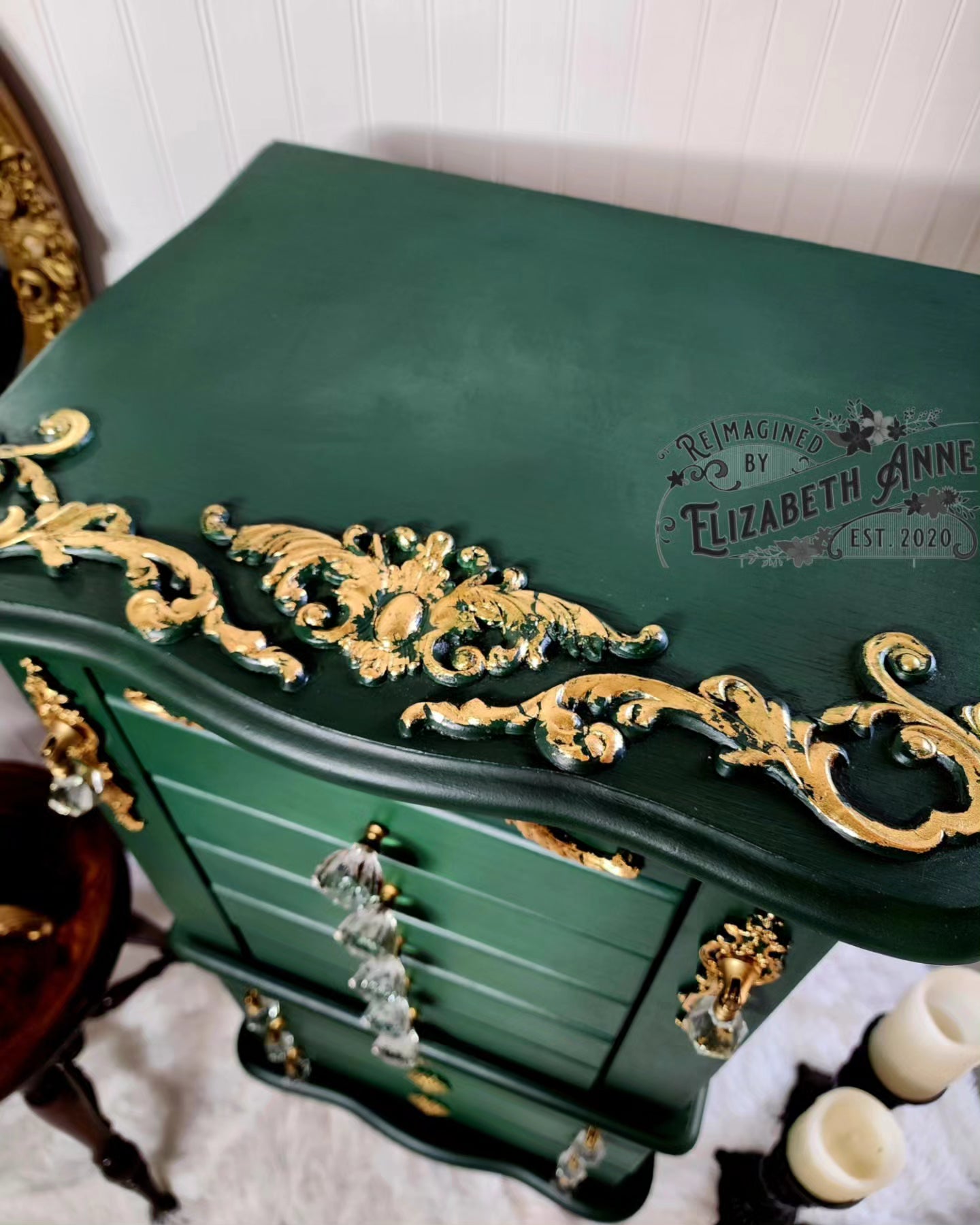 Vintage Emerald GREEN & GOLD Jewelry Armoire
