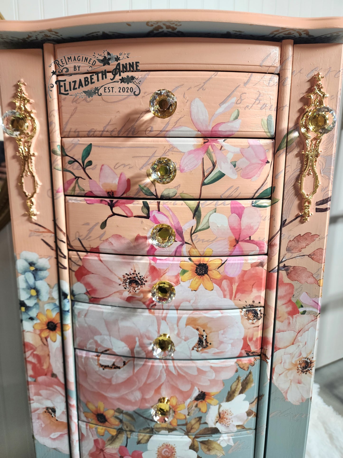 Fairytale Jewelry Armoire | Pink, Apricot, Light Blue, Gray-Blue & Gold Details