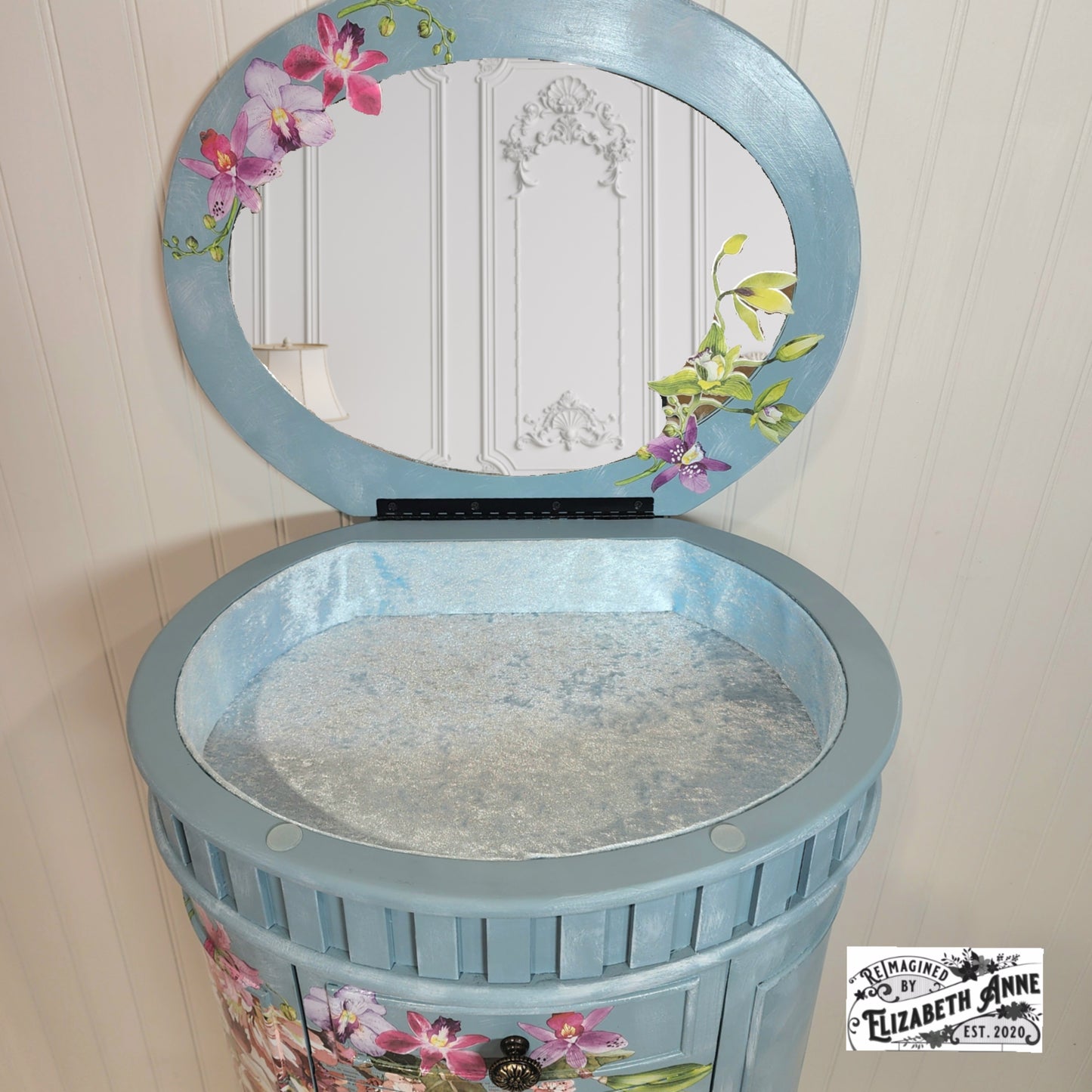 Custom Order for Jewelry Armoire in Farmhouse Blue, Florals, Lace with Velvet Lining
