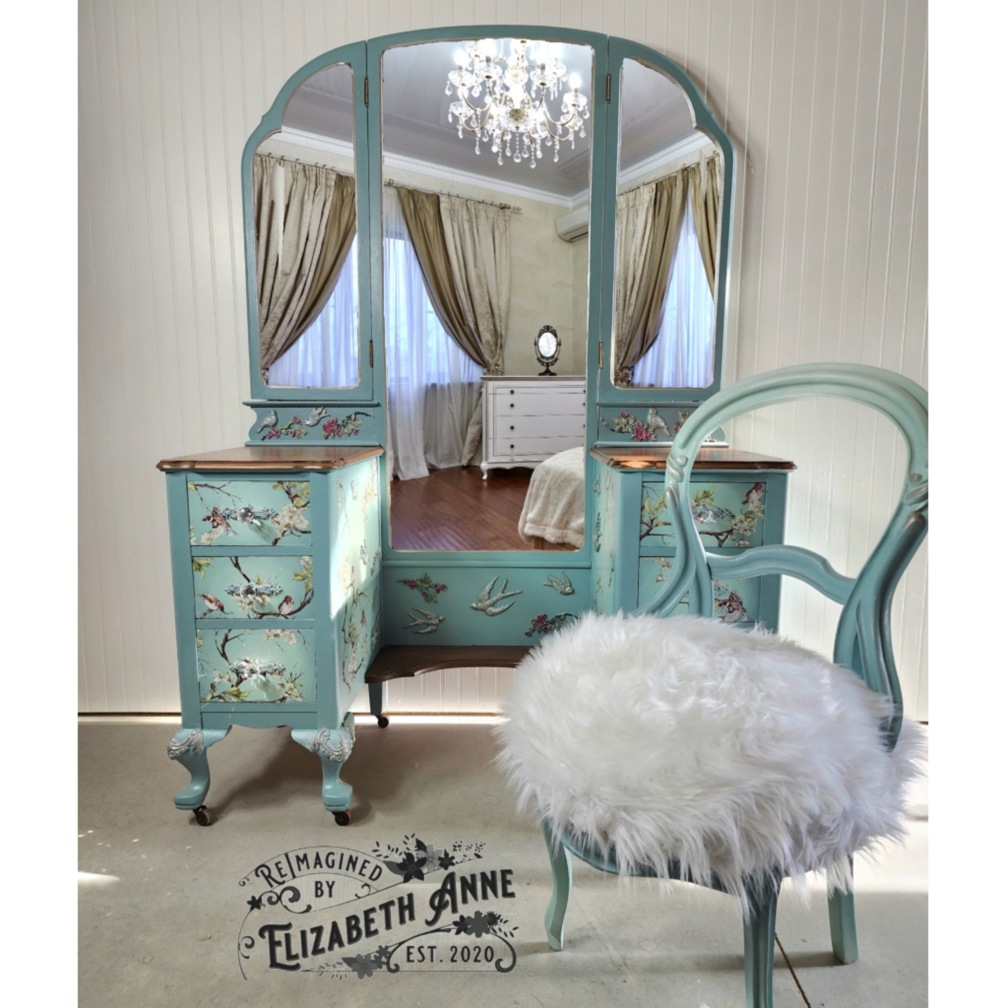 Vintage Duck Egg Blue Bird and Blossom Desk