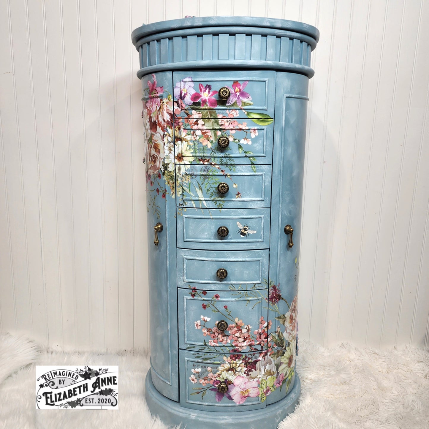 Custom Order for Jewelry Armoire in Farmhouse Blue, Florals, Lace with Velvet Lining