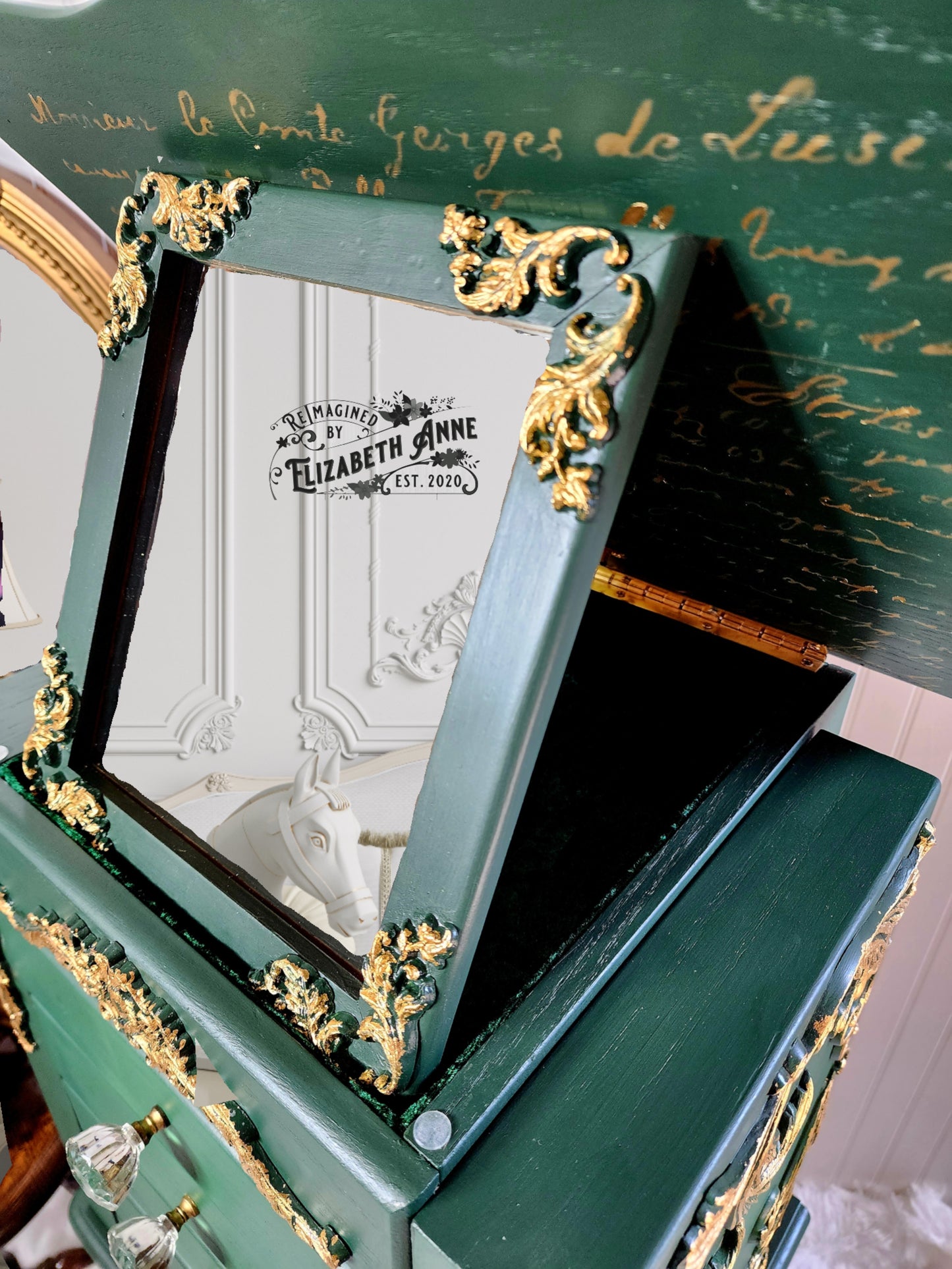 Vintage Emerald GREEN & GOLD Jewelry Armoire