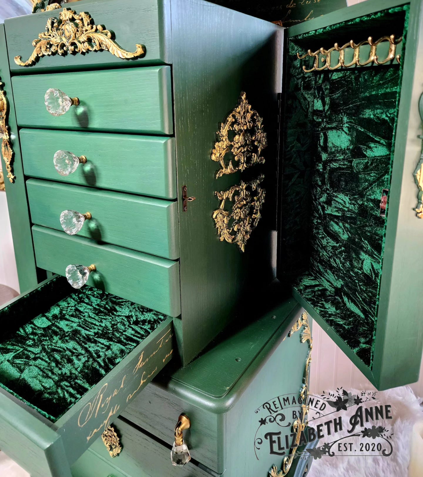 Vintage Emerald GREEN & GOLD Jewelry Armoire