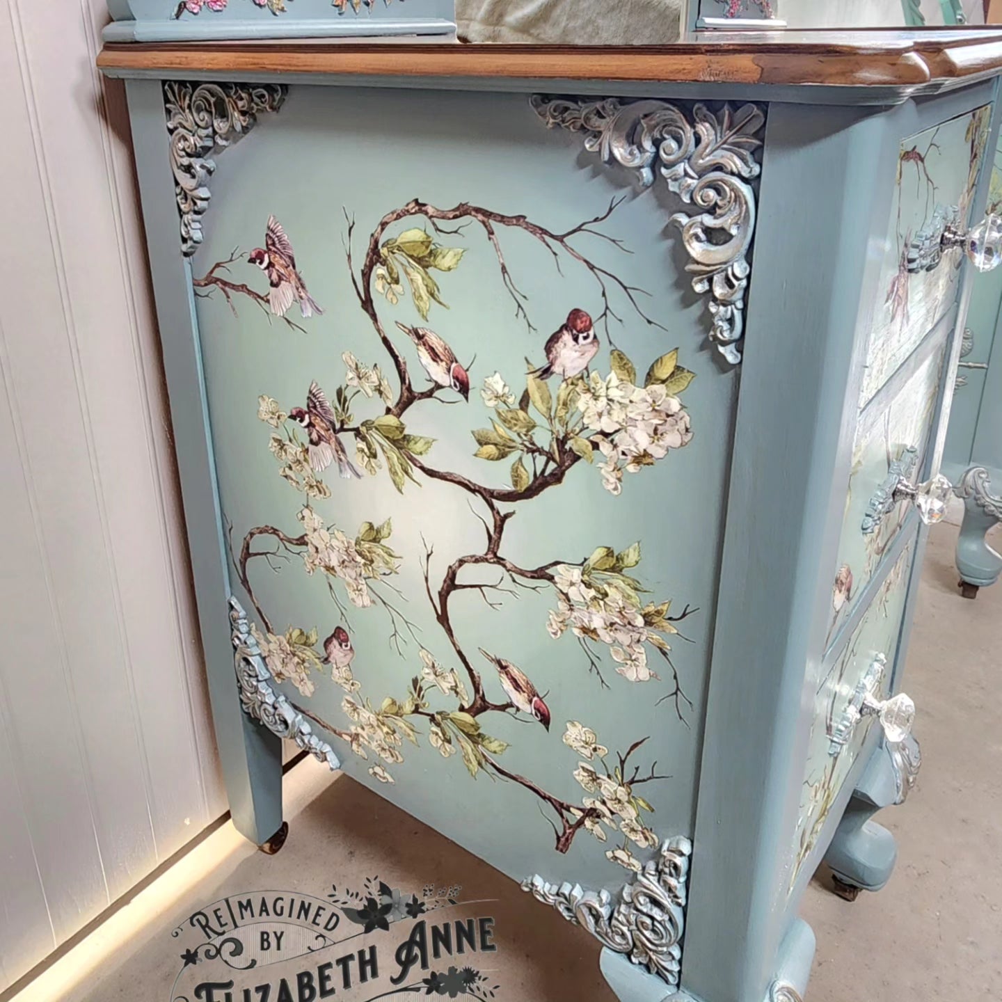 Vintage Duck Egg Blue Bird and Blossom Desk