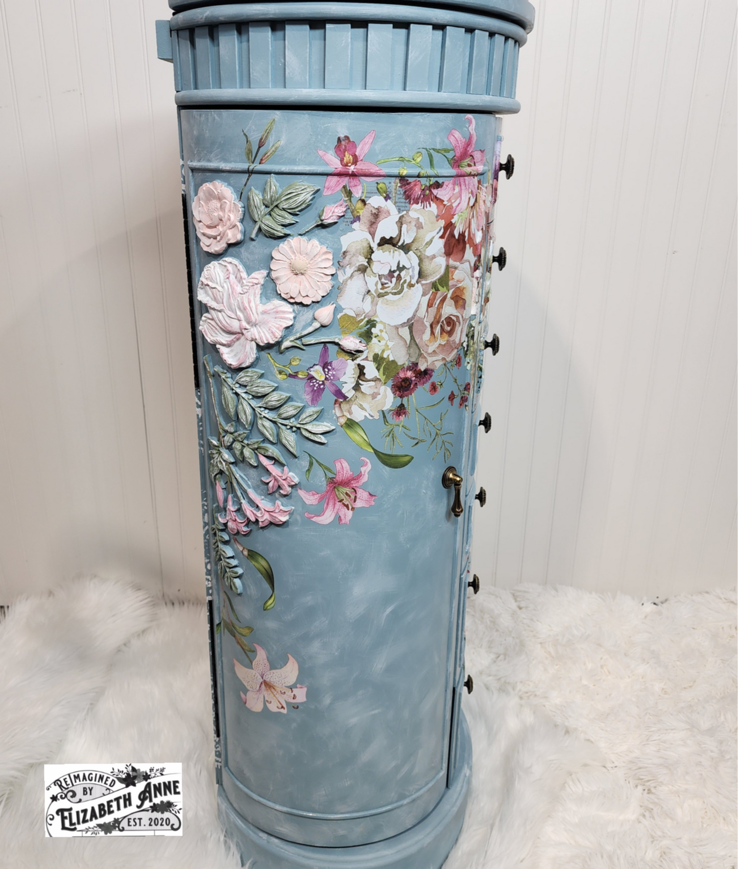 Custom Order for Jewelry Armoire in Farmhouse Blue, Florals, Lace with Velvet Lining