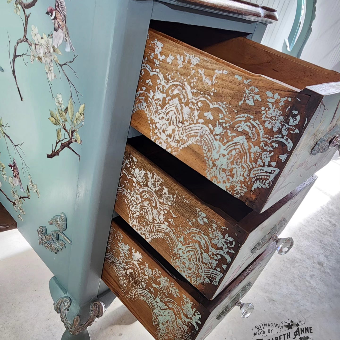 Vintage Duck Egg Blue Bird and Blossom Desk