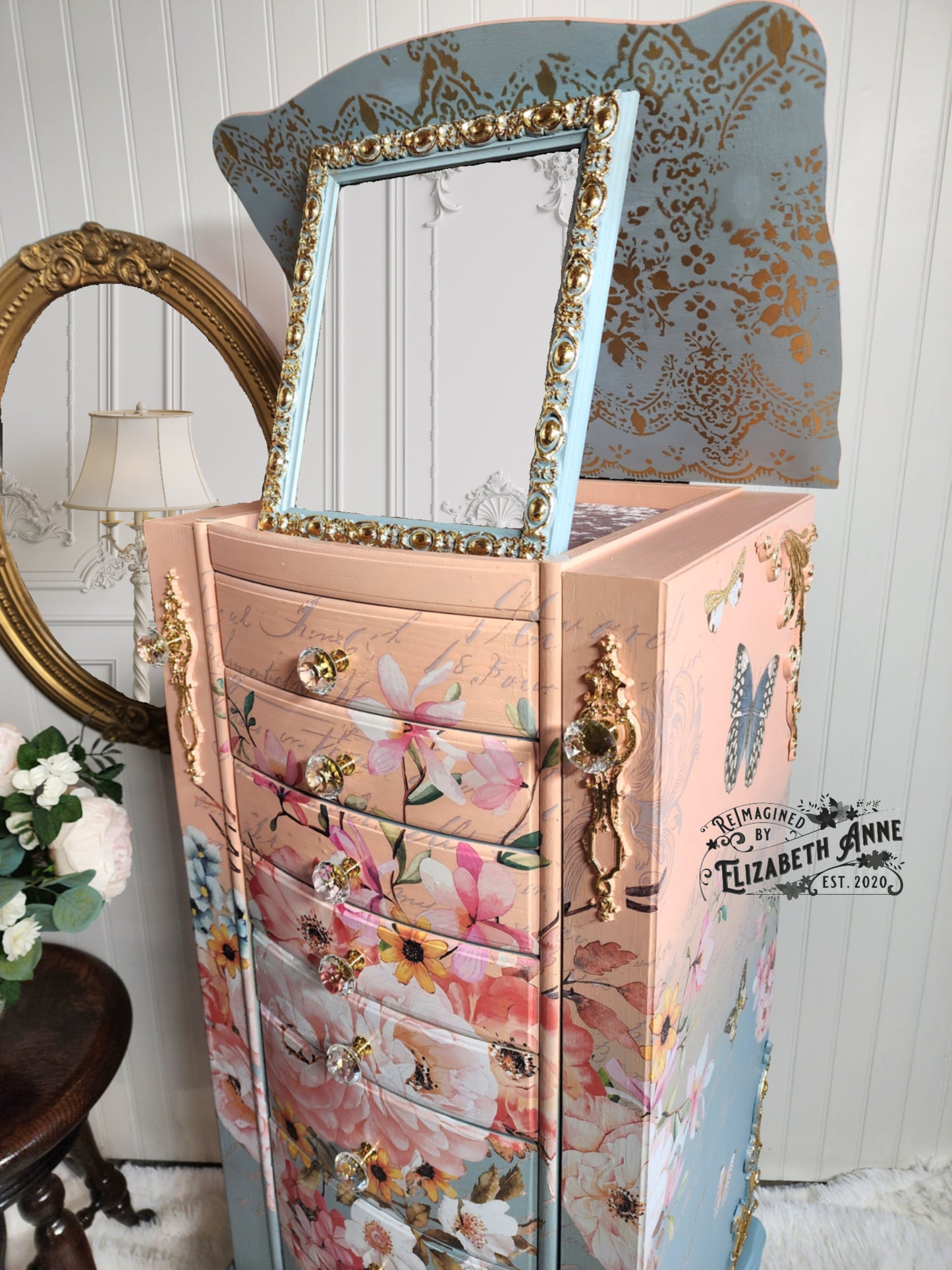 Fairytale Jewelry Armoire | Pink, Apricot, Light Blue, Gray-Blue & Gold Details