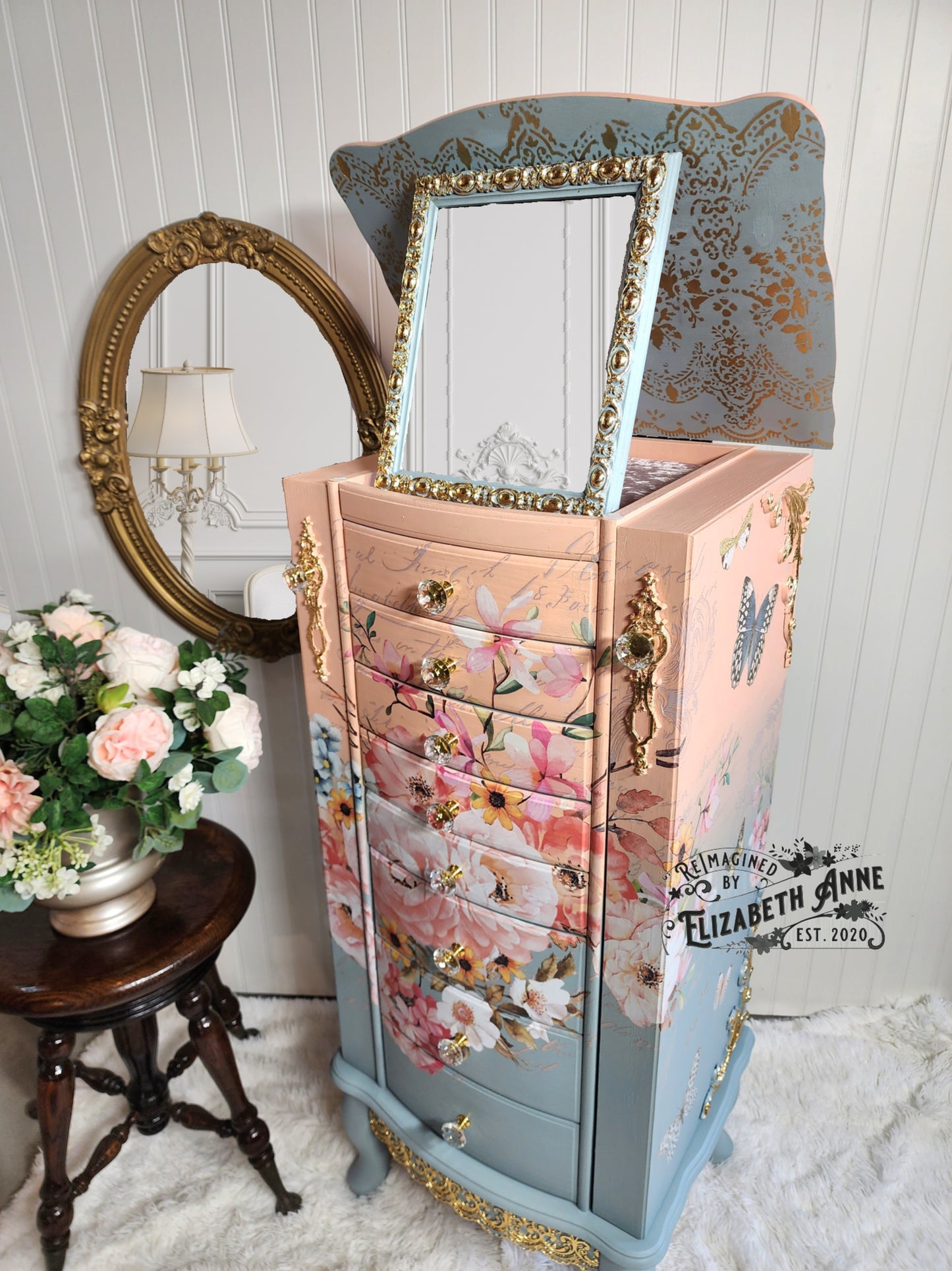Fairytale Jewelry Armoire | Pink, Apricot, Light Blue, Gray-Blue & Gold Details