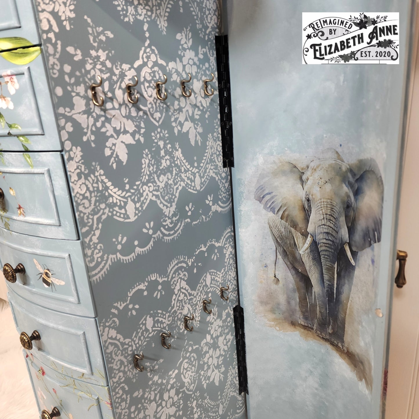 Custom Order for Jewelry Armoire in Farmhouse Blue, Florals, Lace with Velvet Lining