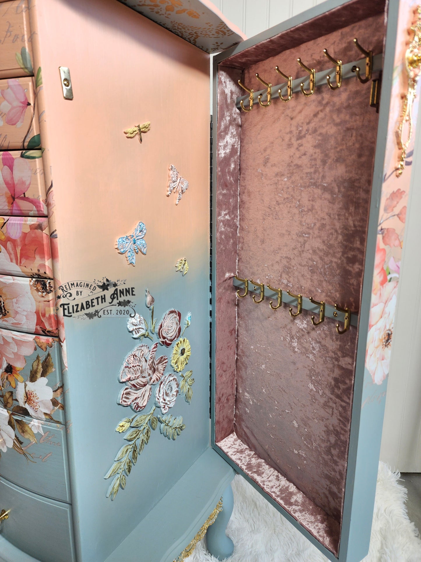 Fairytale Jewelry Armoire | Pink, Apricot, Light Blue, Gray-Blue & Gold Details