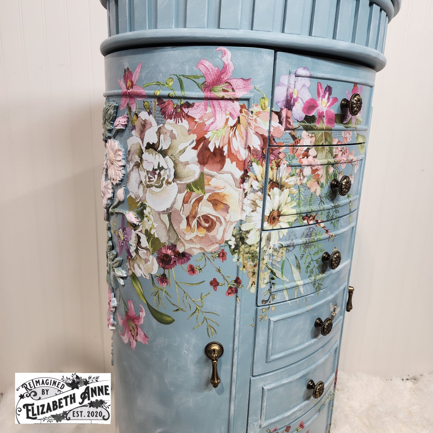 Custom Order for Jewelry Armoire in Farmhouse Blue, Florals, Lace with Velvet Lining