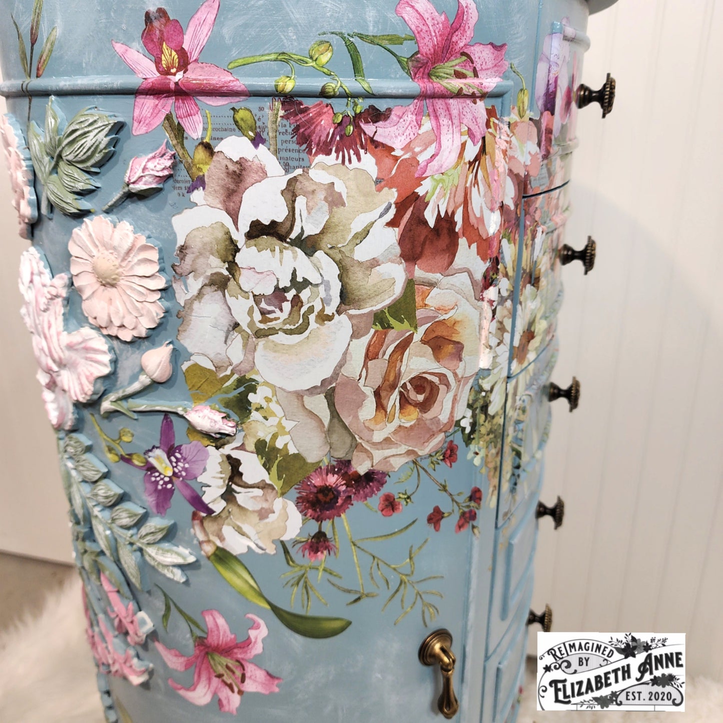 Custom Order for Jewelry Armoire in Farmhouse Blue, Florals, Lace with Velvet Lining