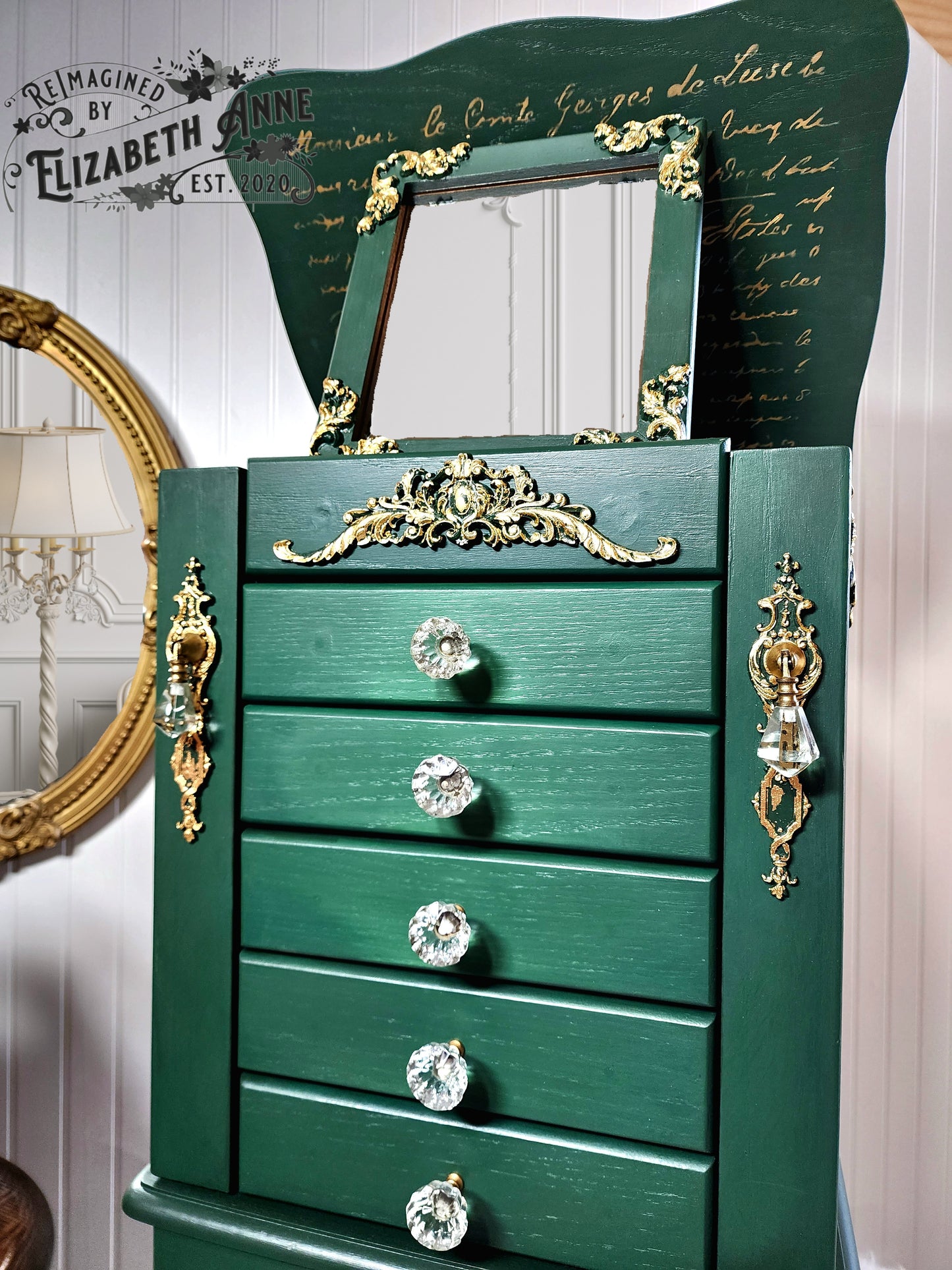 Vintage Emerald GREEN & GOLD Jewelry Armoire