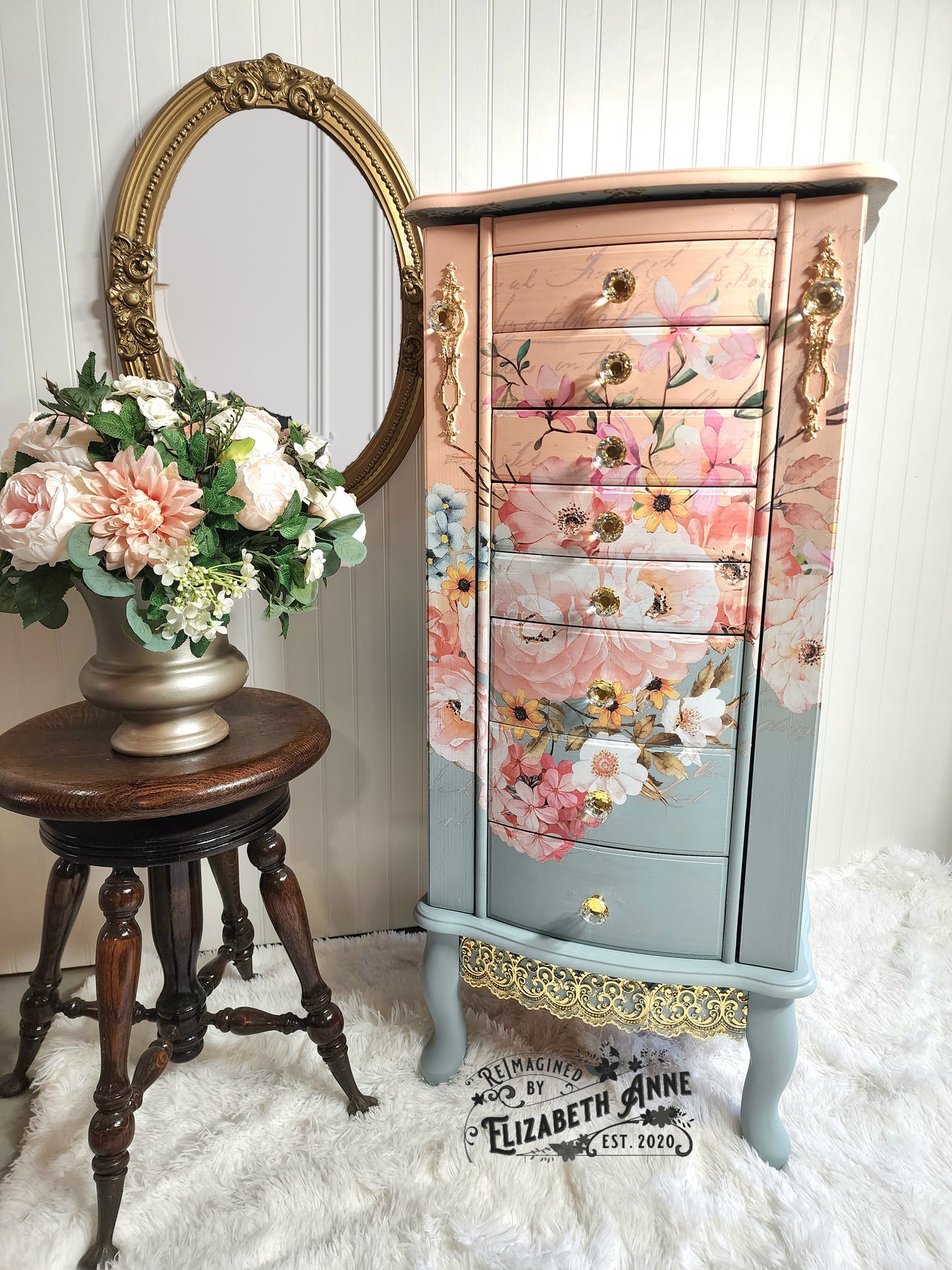 Fairytale Jewelry Armoire | Pink, Apricot, Light Blue, Gray-Blue & Gold Details