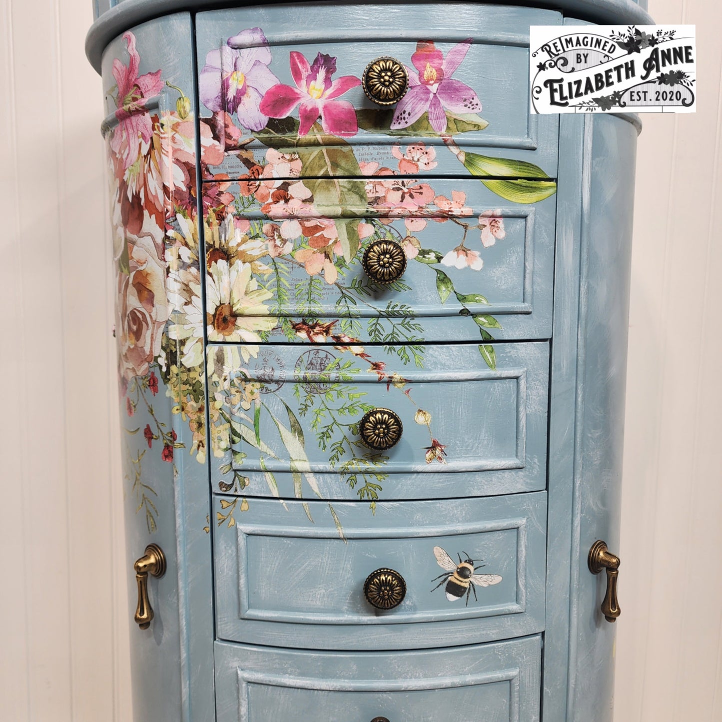 Custom Order for Jewelry Armoire in Farmhouse Blue, Florals, Lace with Velvet Lining