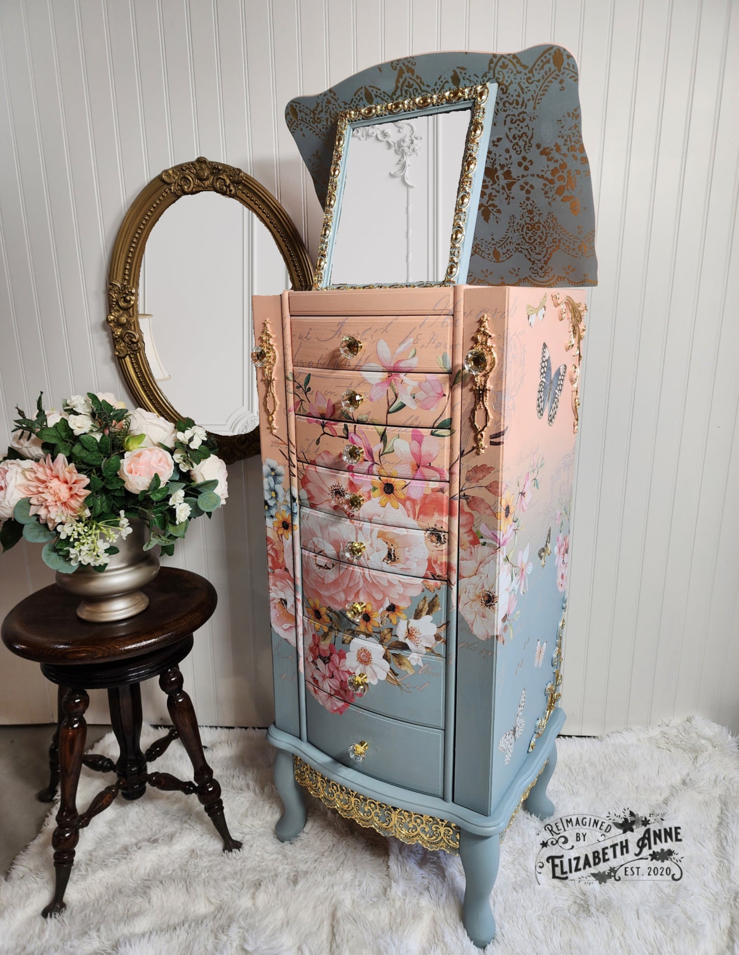Fairytale Jewelry Armoire | Pink, Apricot, Light Blue, Gray-Blue & Gold Details