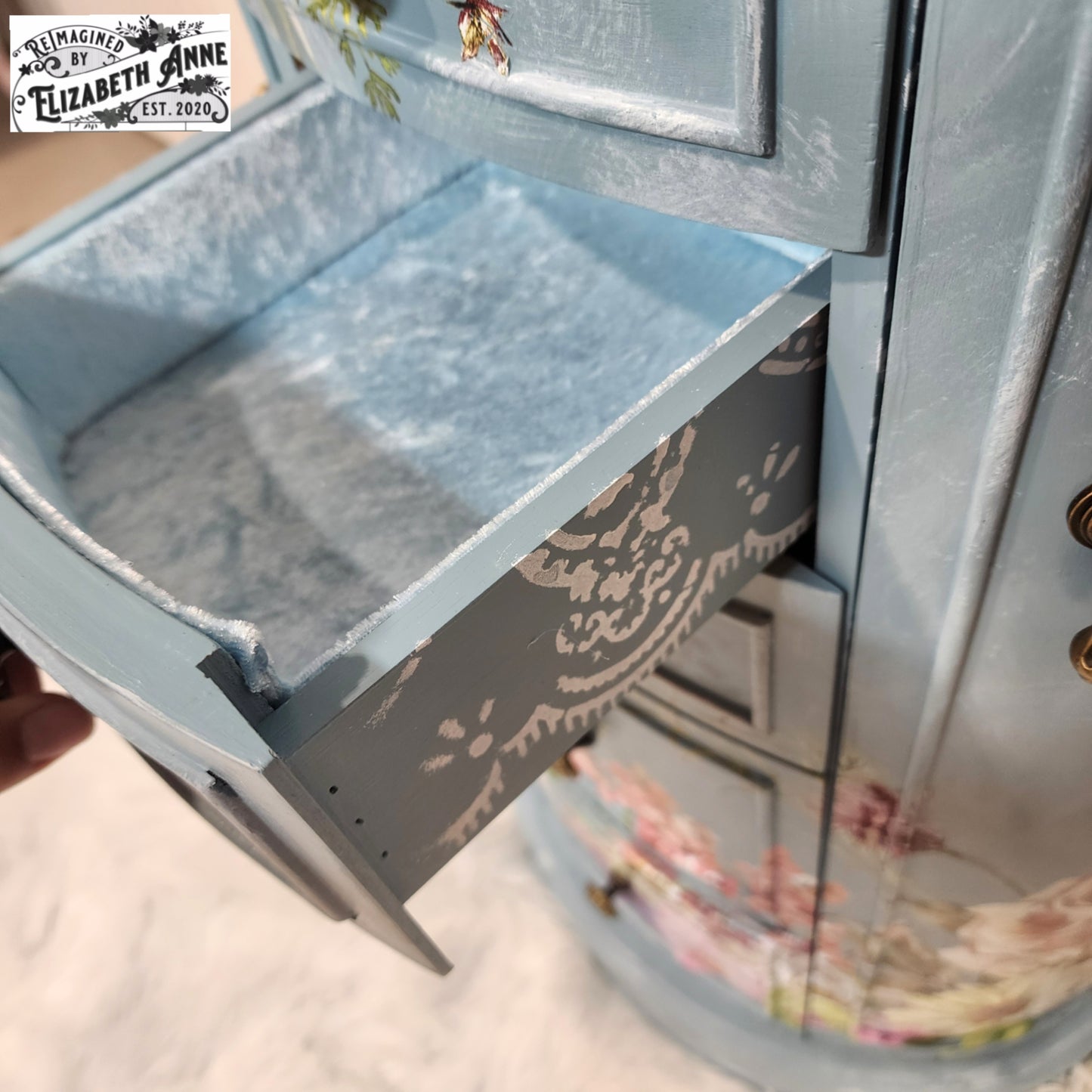 Custom Order for Jewelry Armoire in Farmhouse Blue, Florals, Lace with Velvet Lining