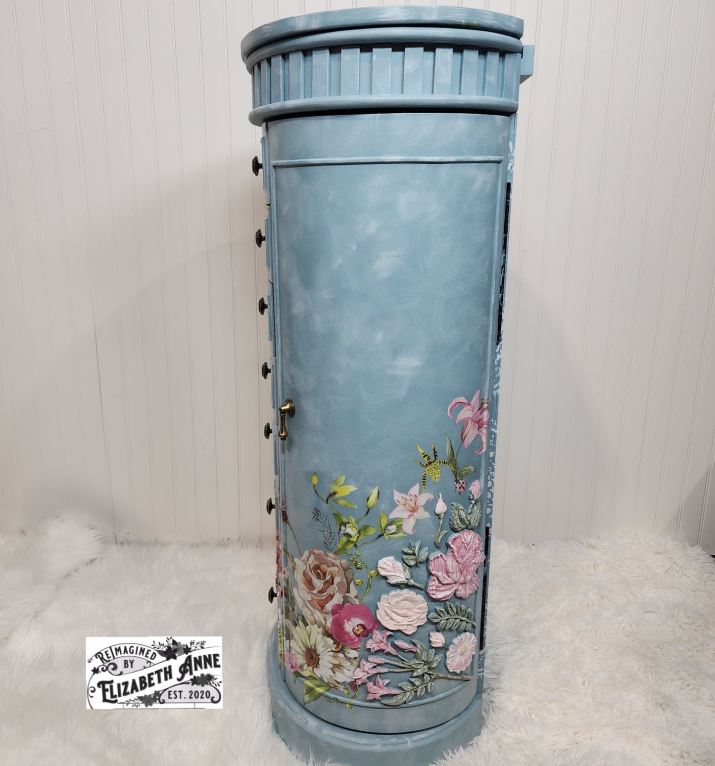 Custom Order for Jewelry Armoire in Farmhouse Blue, Florals, Lace with Velvet Lining