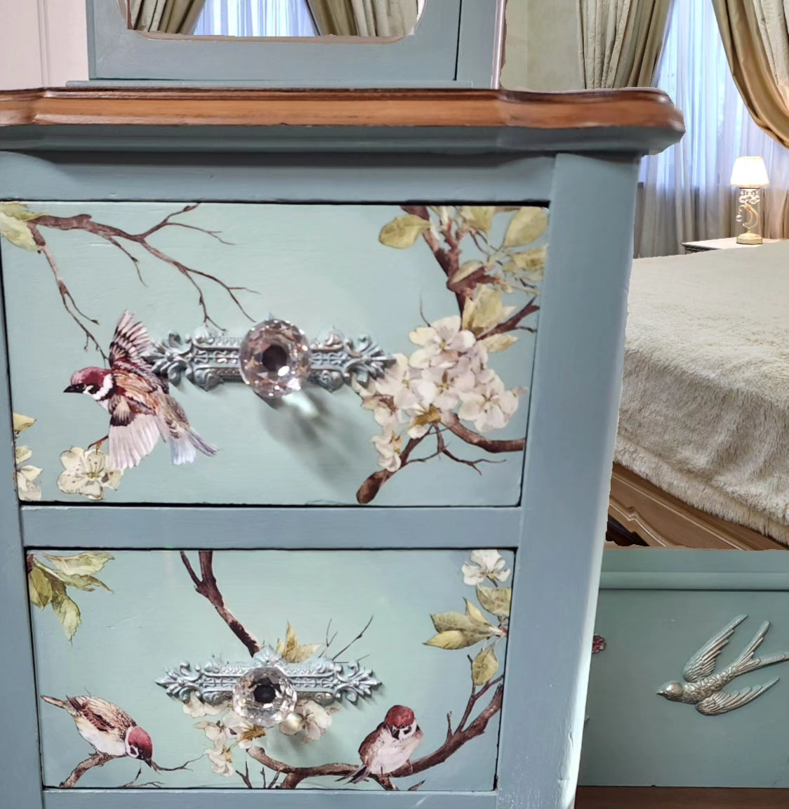 Vintage Duck Egg Blue Bird and Blossom Desk