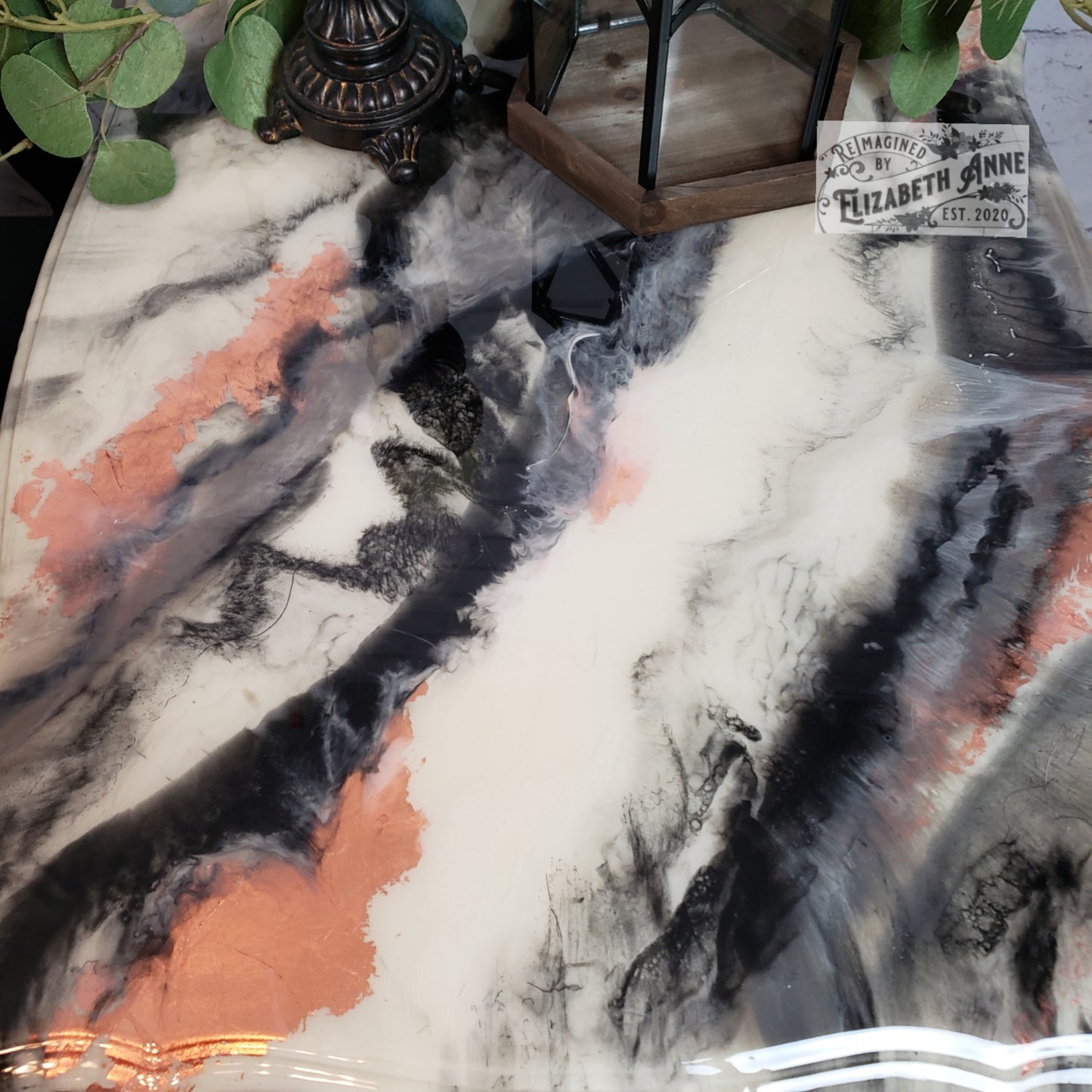 Set of 2 Nightstands/End Tables/ Faux "Marble" Epoxy Top with Matte Black and Copper Accents | Industrial Farmhouse | French Provincial