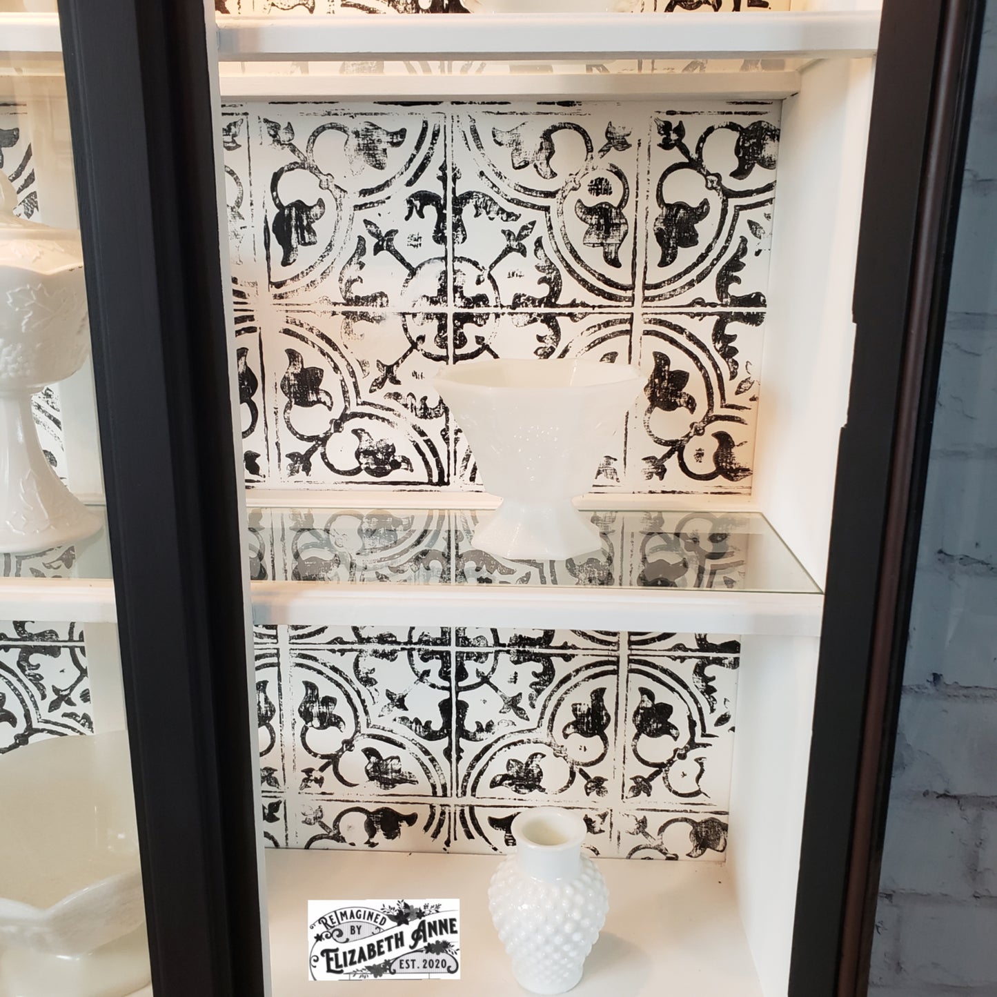 Vintage China Hutch in Modern Matte Black and Copper Handles, Stamped Black and White Lighted Hutch | Oak Storage Kitchen Cabinet