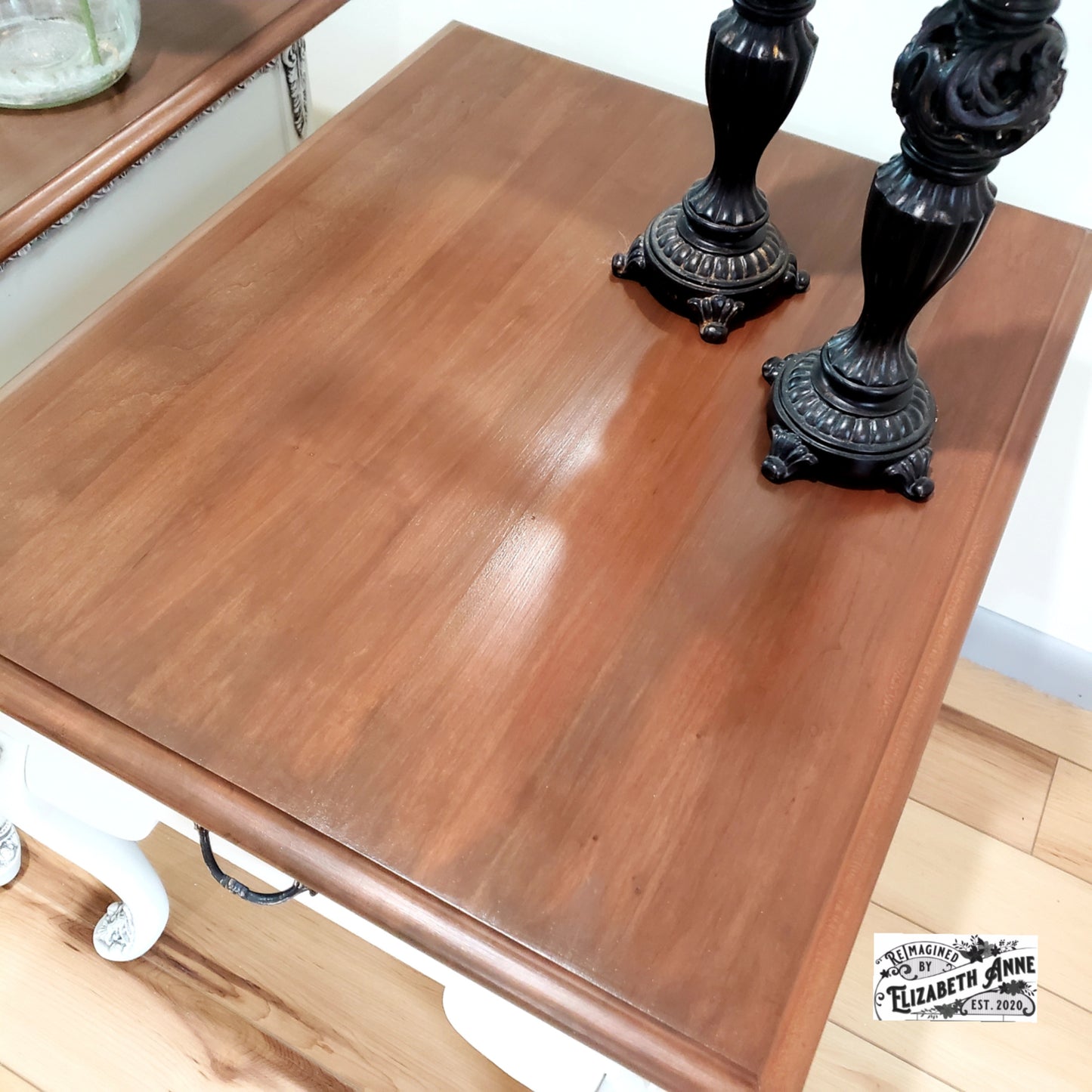 Vintage White End Tables with Beautiful Moulding Antiqued in Dark Brown/Charcoal and Stained "Tobacco" Wood Top | Bedroom Nightstands
