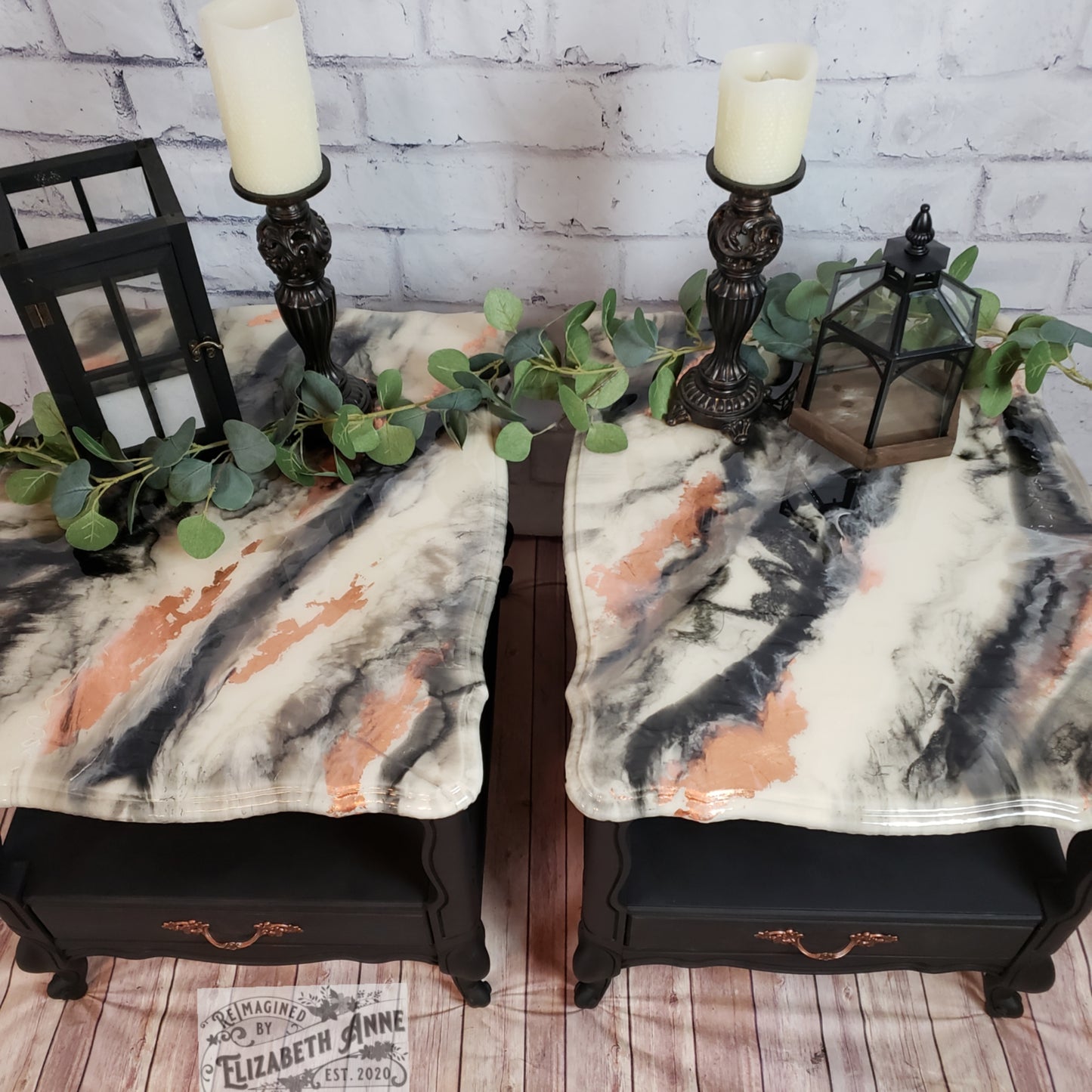 Set of 2 Nightstands/End Tables/ Faux "Marble" Epoxy Top with Matte Black and Copper Accents | Industrial Farmhouse | French Provincial