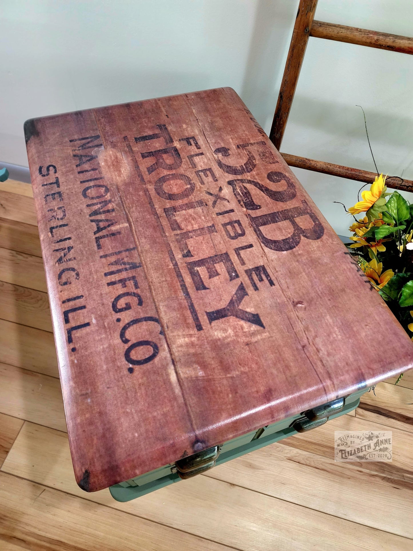 Vintage Industrial End Table in Evergreen Green | Apothecary Style Drawers Bronze Hardware | Antique Weathered Crate Top Print