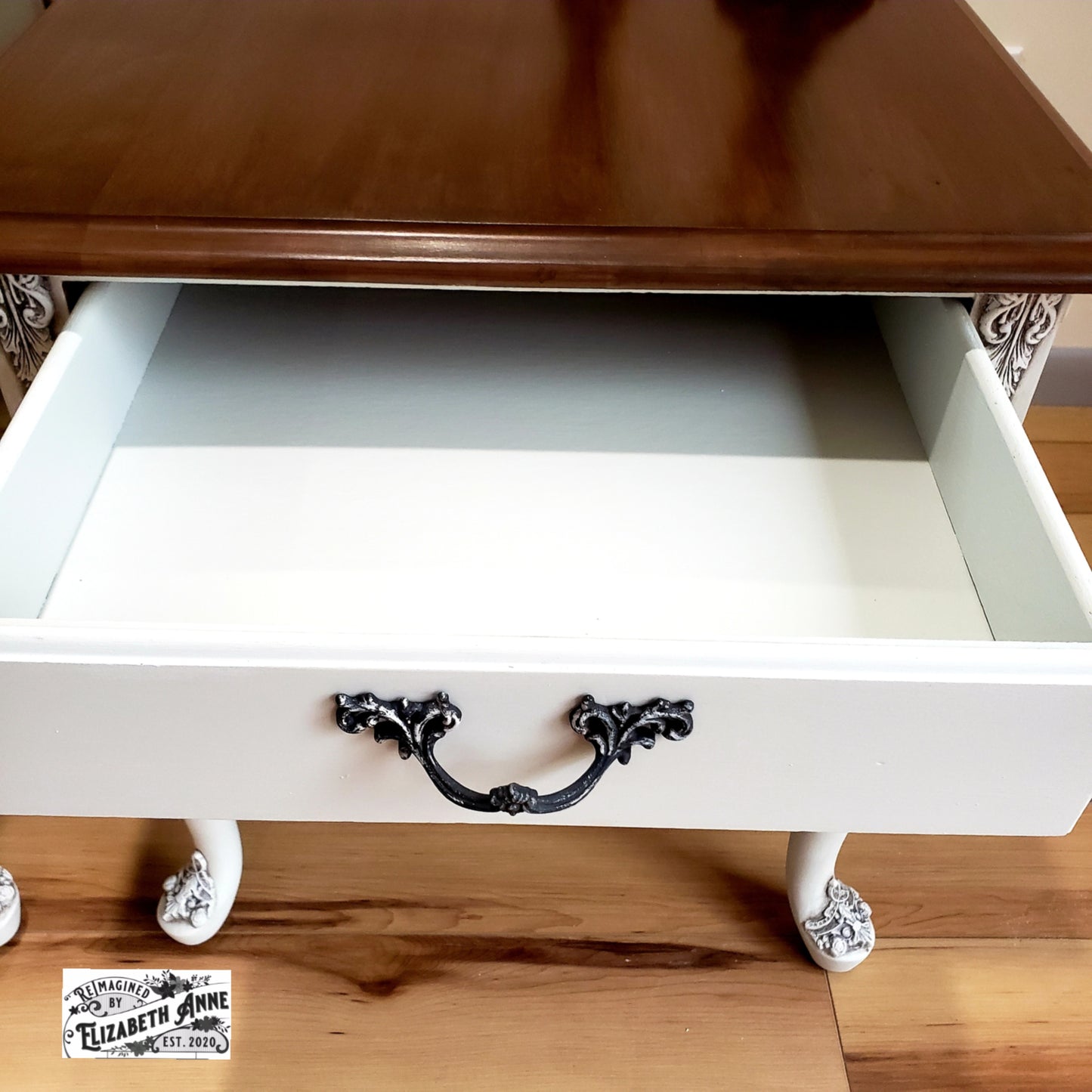 Vintage White End Tables with Beautiful Moulding Antiqued in Dark Brown/Charcoal and Stained "Tobacco" Wood Top | Bedroom Nightstands