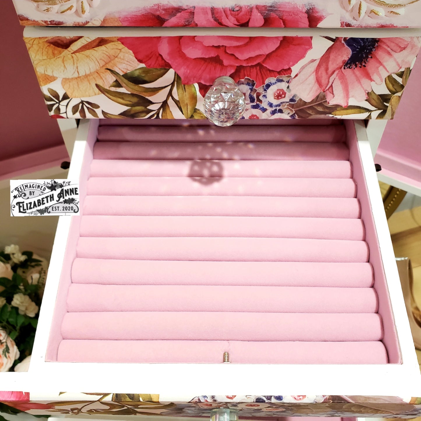 Vintage White & Gold Floral French Jewelry Armoire with Butterflies, Dragonflies, Bees | Hand-painted Pink Jewelry Box Storage