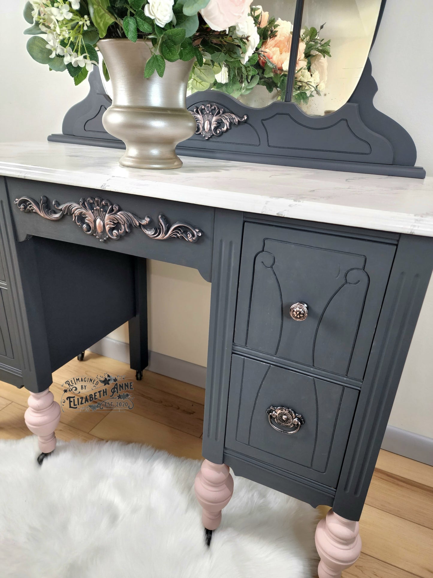 Charcoal and Rose Gold Pink Antique Vanity | Vintage Rose and Floral Makeup Station Storage | French Glamour Solid Wood Dovetailed Drawers