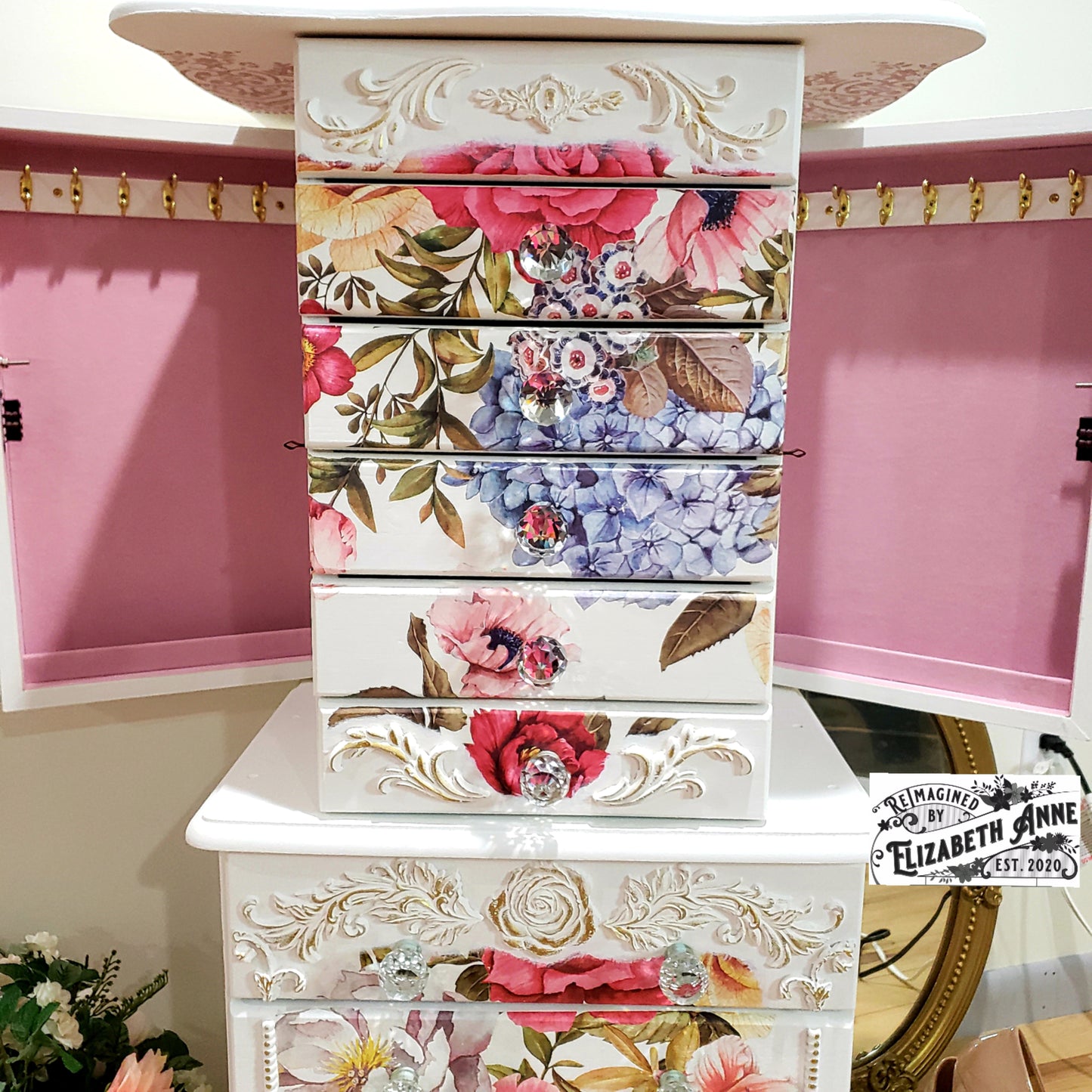 Vintage White & Gold Floral French Jewelry Armoire with Butterflies, Dragonflies, Bees | Hand-painted Pink Jewelry Box Storage
