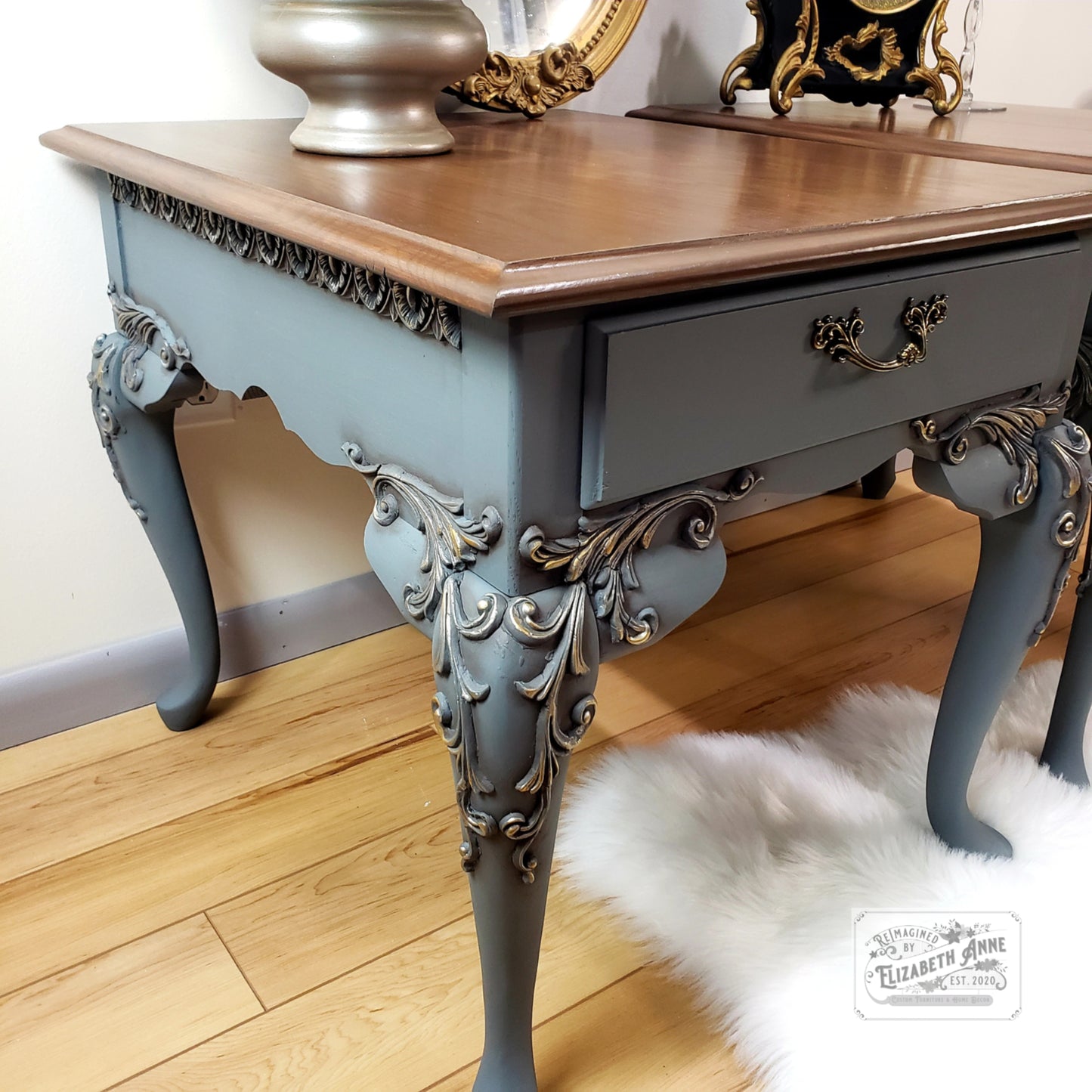 Vintage Pair of Nightstands in Warm Brown, Gold & Pewter Silver | Scroll Moulding Details, Tobacco Stained Oak Top with Drawer