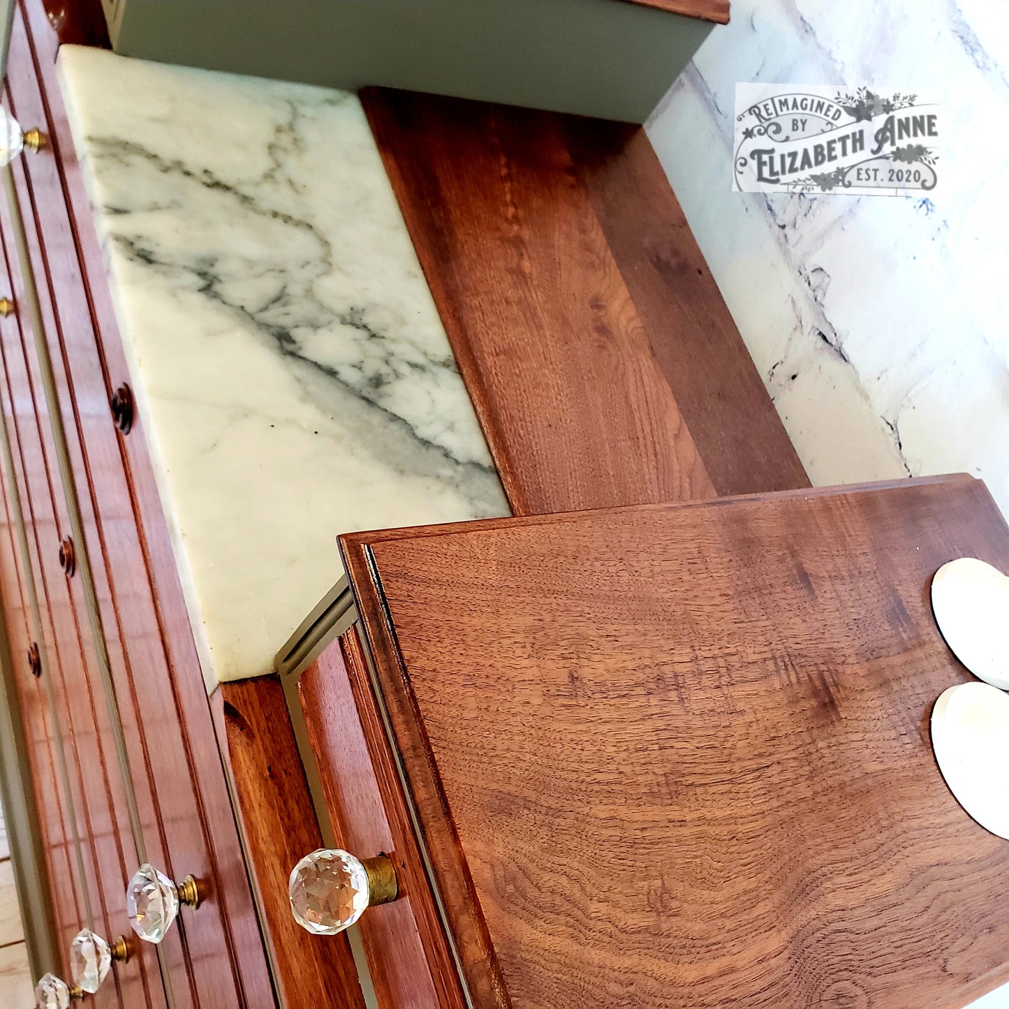 Victorian "East Lake Style" Mid-Late 1800s Dresser | Marble Top & Walnut Dresser | Olive Green and Natural Wood
