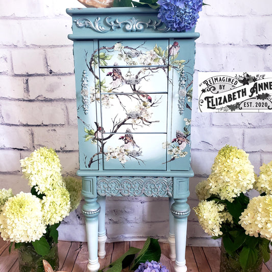 Bird and Floral Blossom Jewelry Armoire | Greens, Blues, Whites, Silver, Gray | Custom Bedroom Storage | Custom Gifts