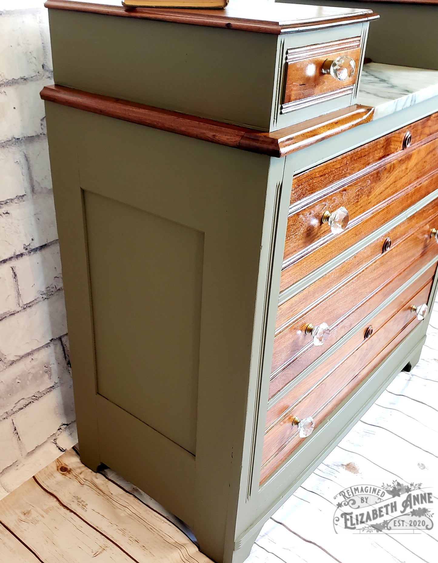 Victorian "East Lake Style" Mid-Late 1800s Dresser | Marble Top & Walnut Dresser | Olive Green and Natural Wood