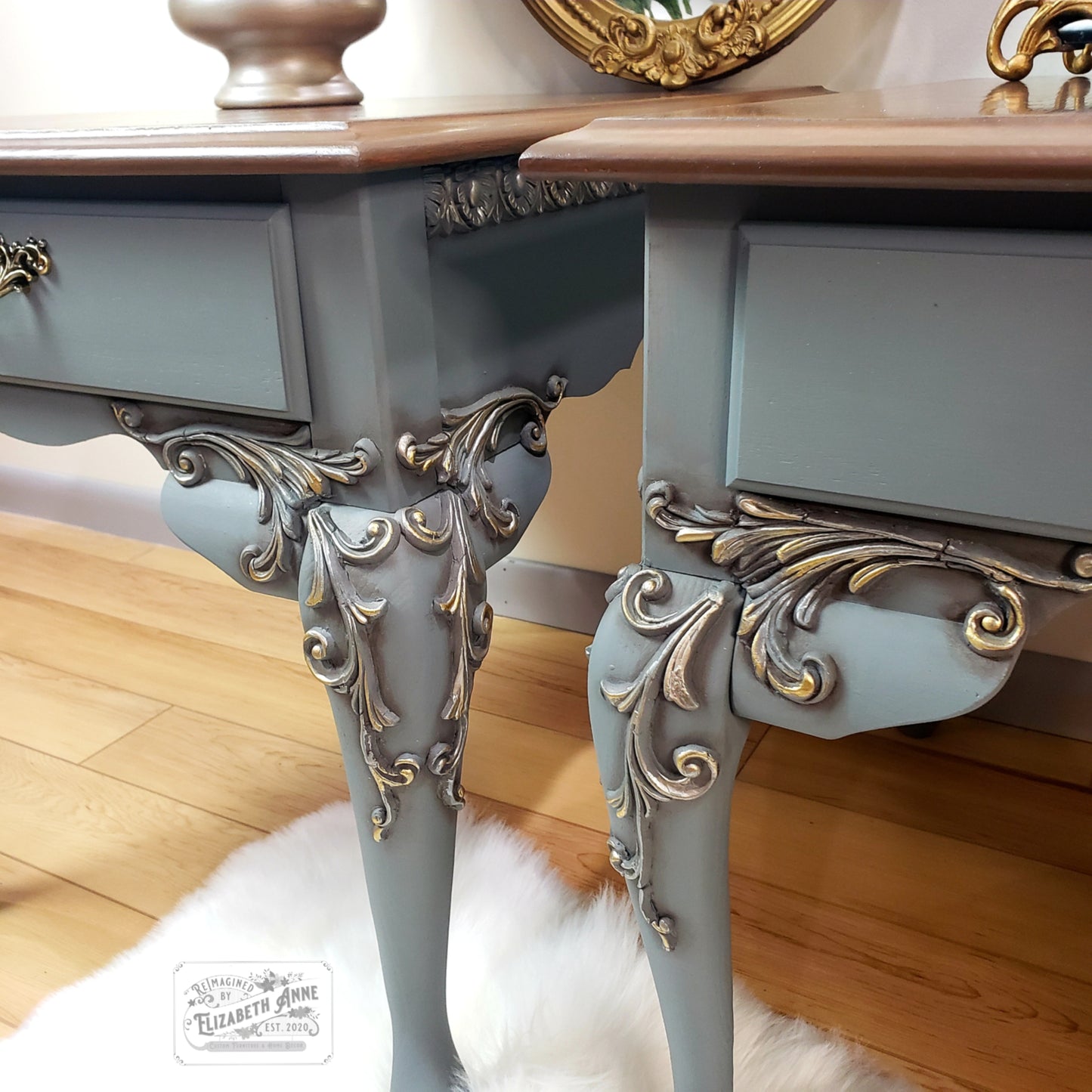 Vintage Pair of Nightstands in Warm Brown, Gold & Pewter Silver | Scroll Moulding Details, Tobacco Stained Oak Top with Drawer