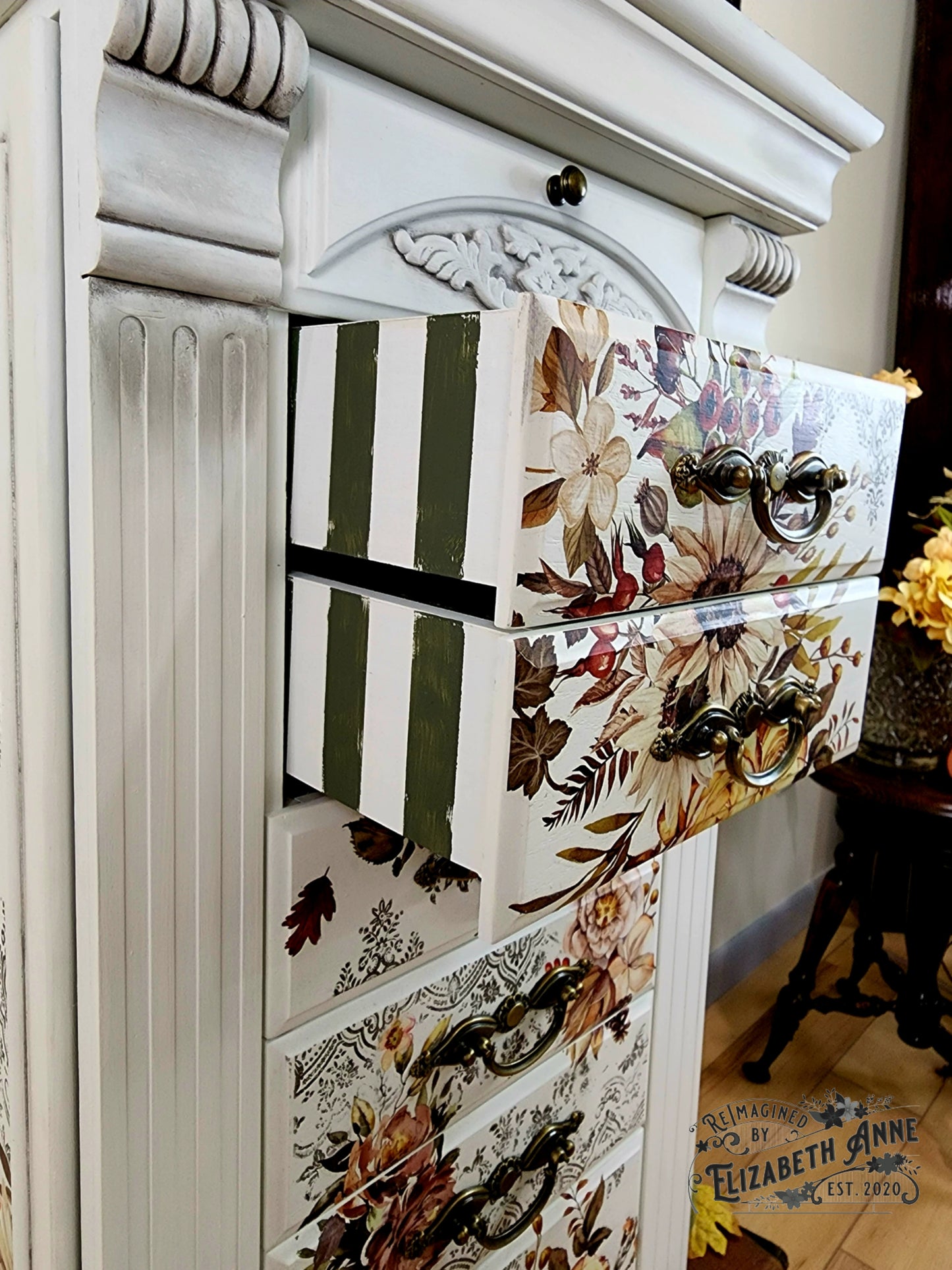 Sunflower Boho White, Olive Green, Black Antiqued Jewelry Armoire | Freestanding, Velvet Lined, Distressed Stripes & Vintage Gold Hardware
