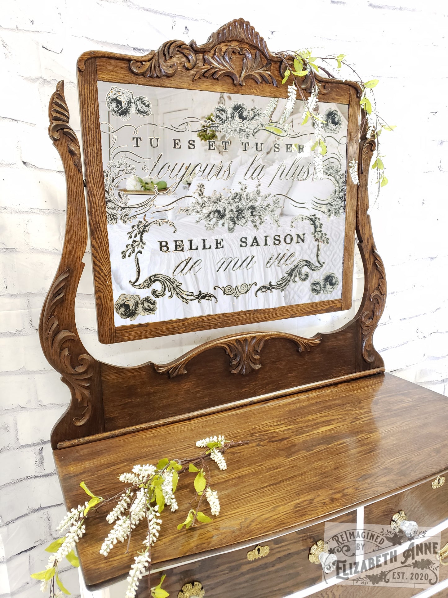 Antique Oak Dresser with Mirror/Victorian Dresser/White Chest of Drawers/Refinished Oak Dresser/Armoire/Entry Storage/Linen Storage