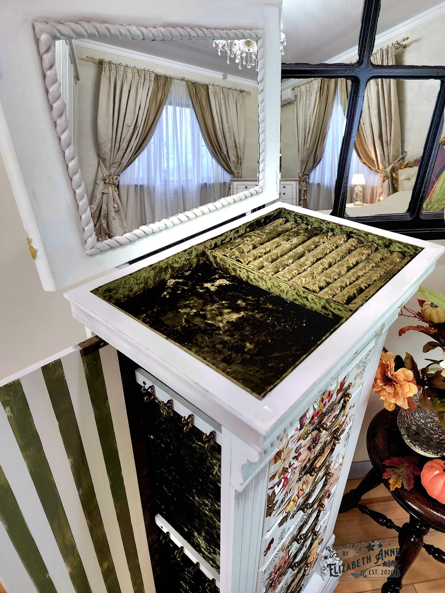 Sunflower Boho White, Olive Green, Black Antiqued Jewelry Armoire | Freestanding, Velvet Lined, Distressed Stripes & Vintage Gold Hardware