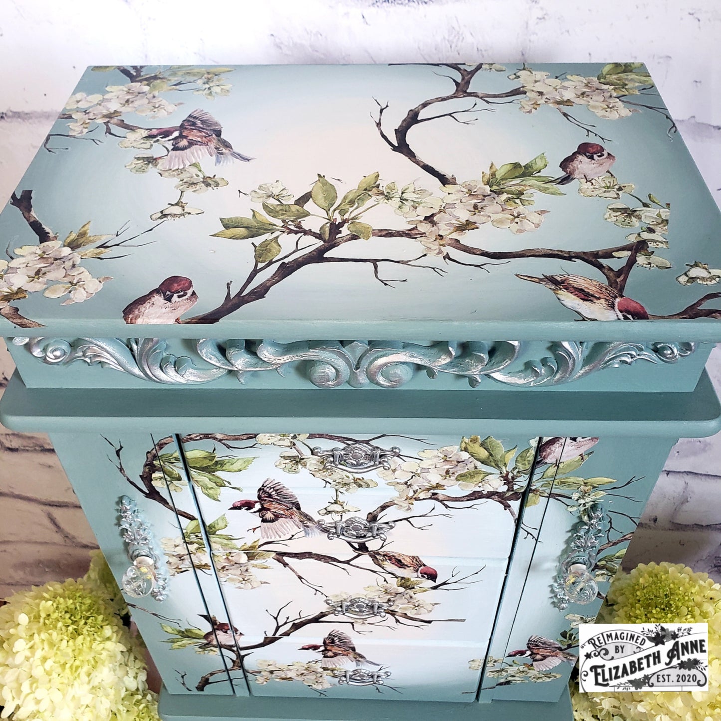 Bird and Floral Blossom Jewelry Armoire | Greens, Blues, Whites, Silver, Gray | Custom Bedroom Storage | Custom Gifts