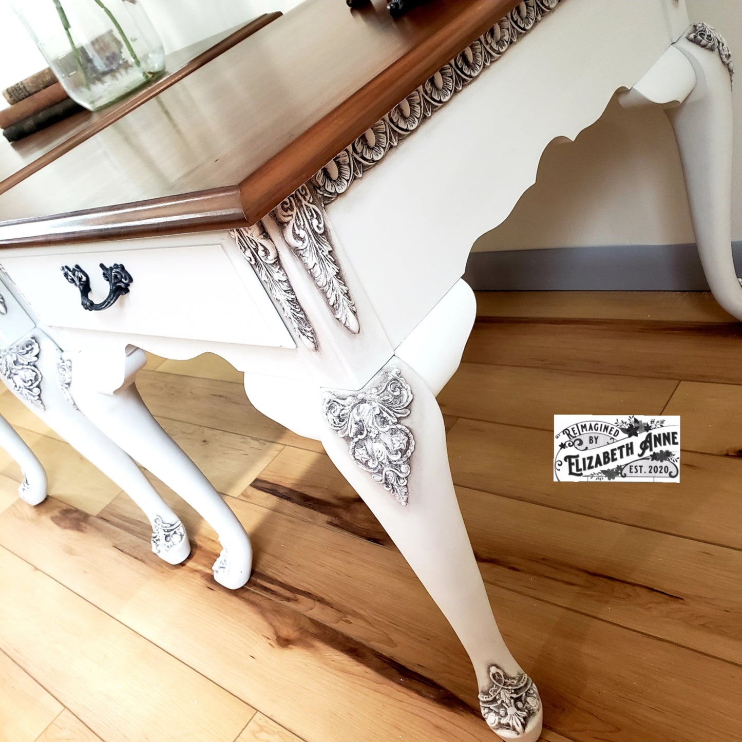 Vintage White End Tables with Beautiful Moulding Antiqued in Dark Brown/Charcoal and Stained "Tobacco" Wood Top | Bedroom Nightstands